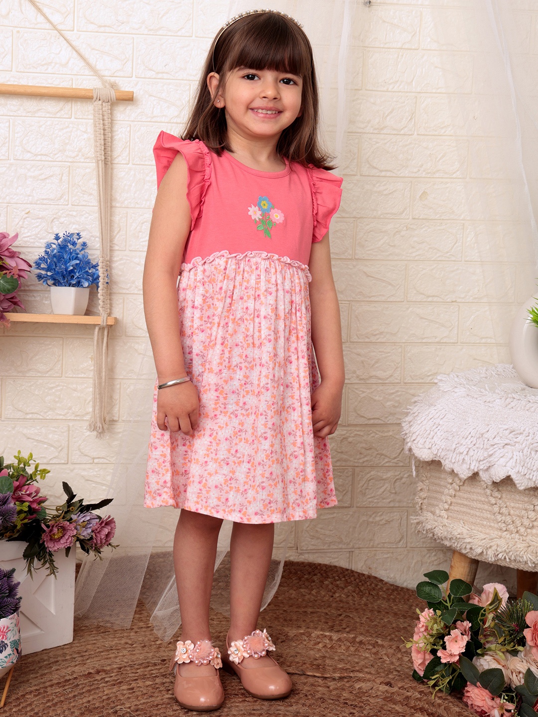 

Beebay Girls Floral Embroidered Printed Dress, Coral