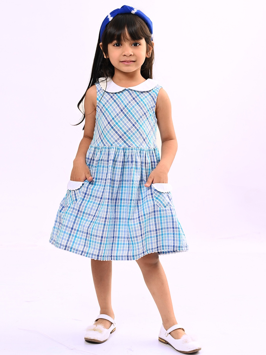 

Beebay Girls Seersucker Check Lace Trim Collar Pocket Dress, Blue