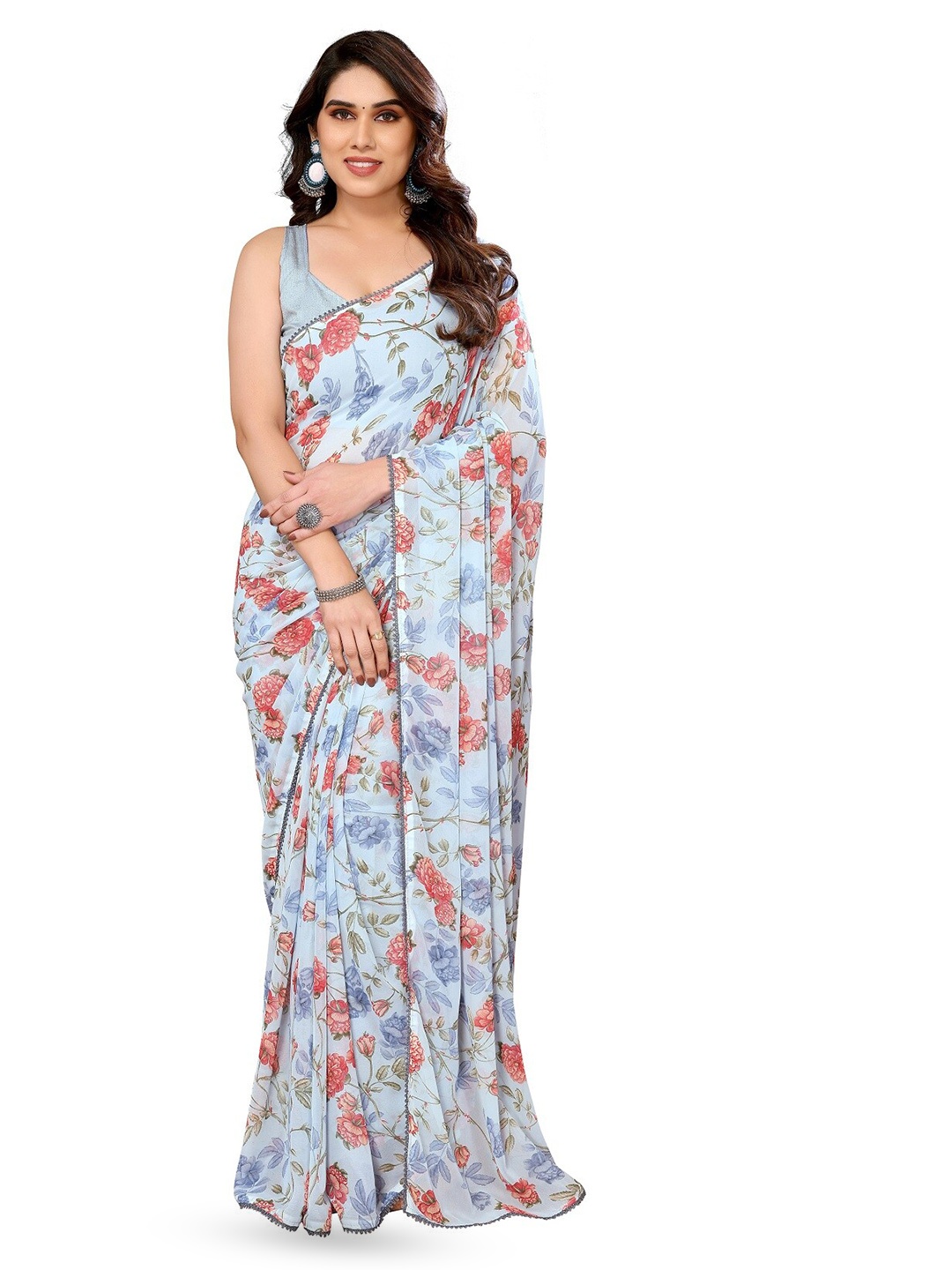 

ROOP SUNDARI SAREES Floral Printed Pure Georgette Ready to Wear Saree, Blue