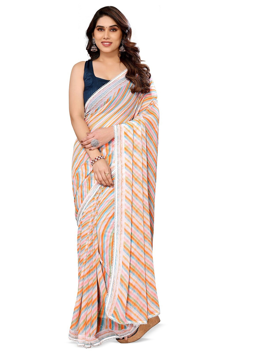 

ROOP SUNDARI SAREES Leheriya Printed Pure Georgette Ready to Wear Saree, Orange