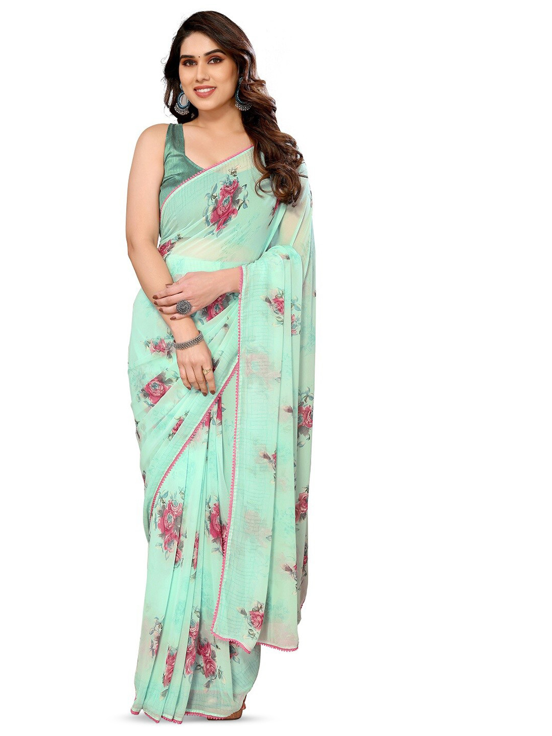 

ROOP SUNDARI SAREES Floral Embroidered Pure Georgette Ready to Wear Saree, Turquoise blue