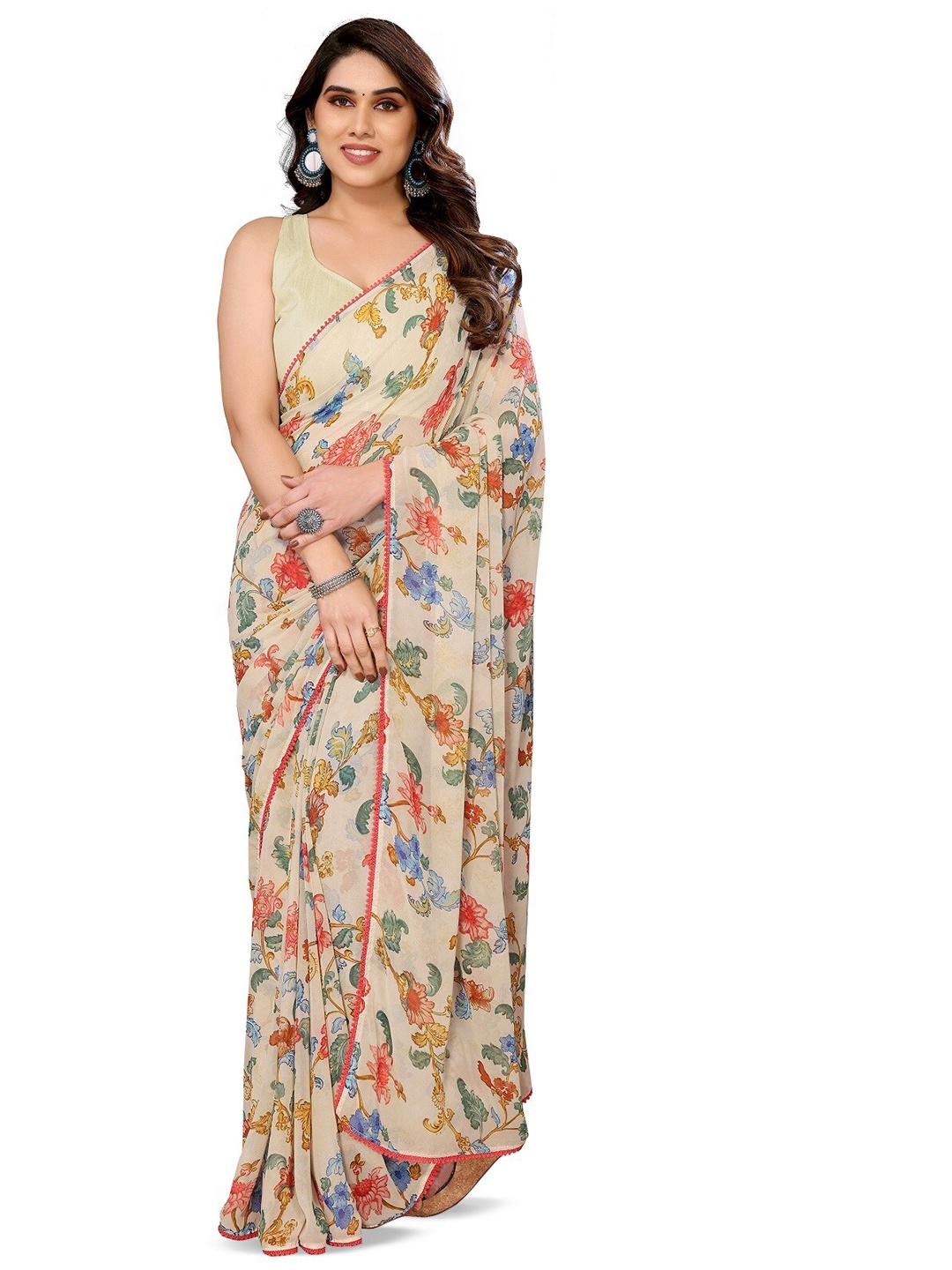 

ROOP SUNDARI SAREES Floral Printed Pure Georgette Ready to Wear Saree, Beige