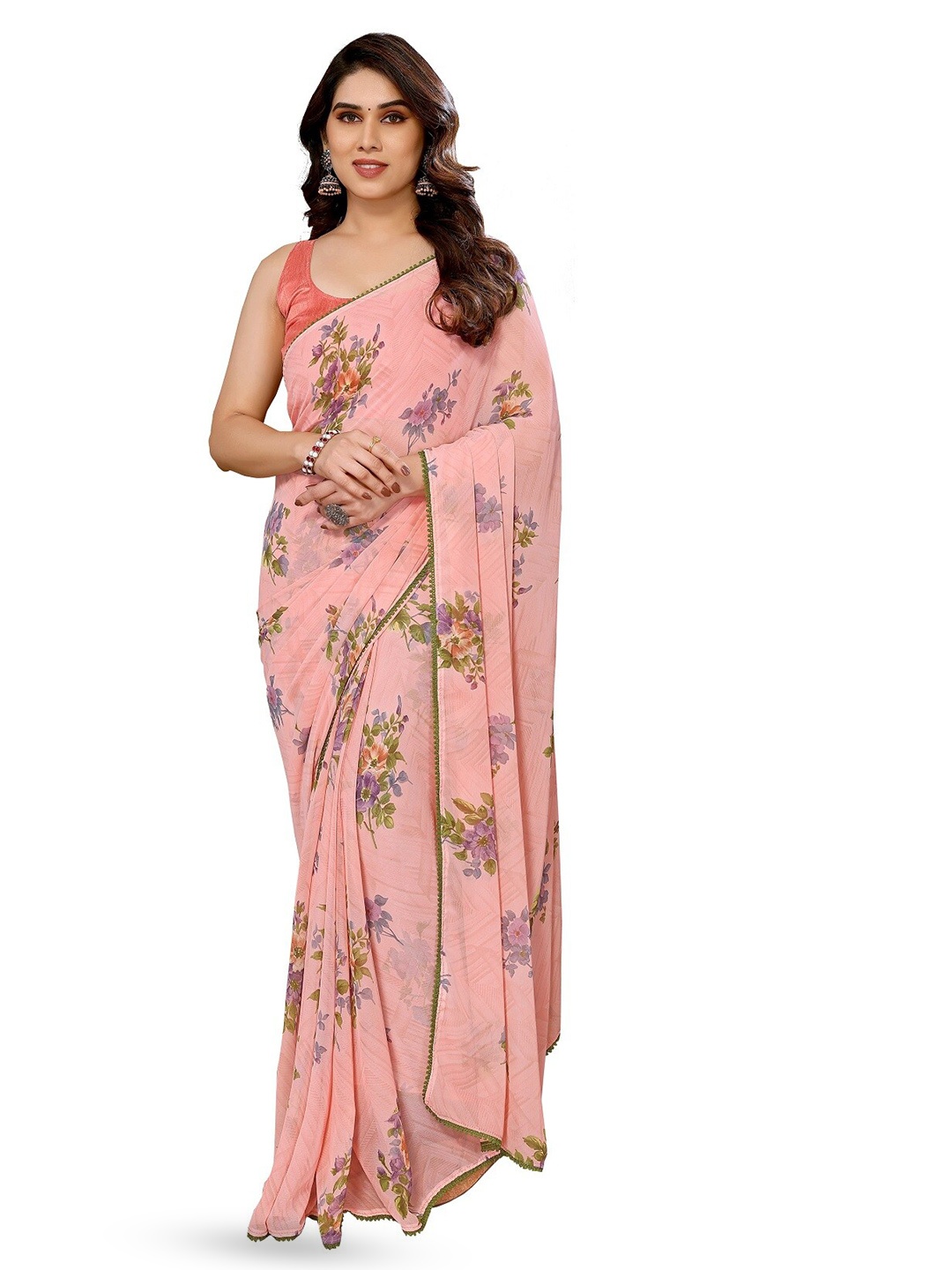 

ROOP SUNDARI SAREES Floral Printed Pure Georgette Ready to Wear Saree, Peach