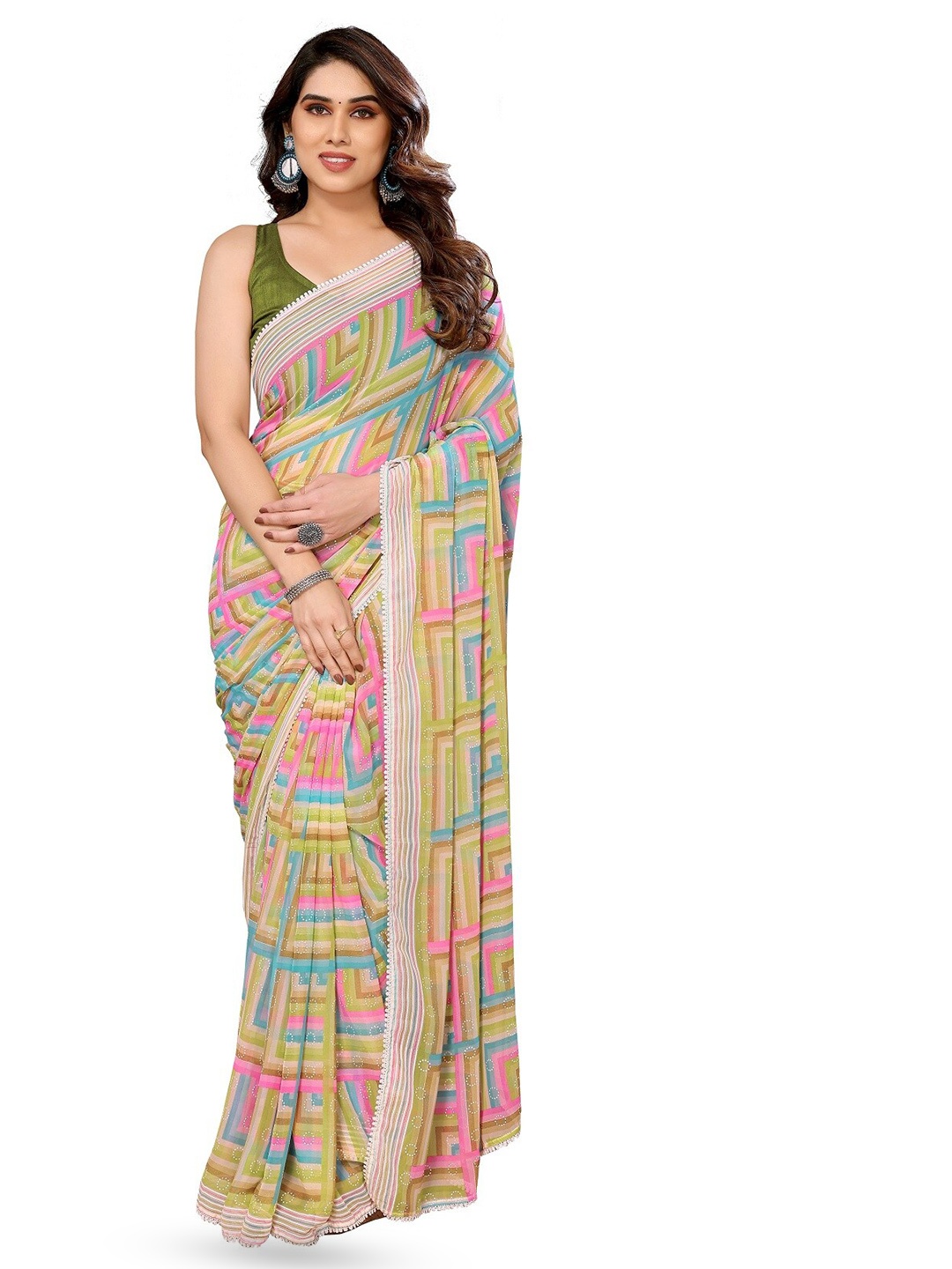 

ROOP SUNDARI SAREES Geometric Pure Georgette Ready to Wear Block Print Saree, Green