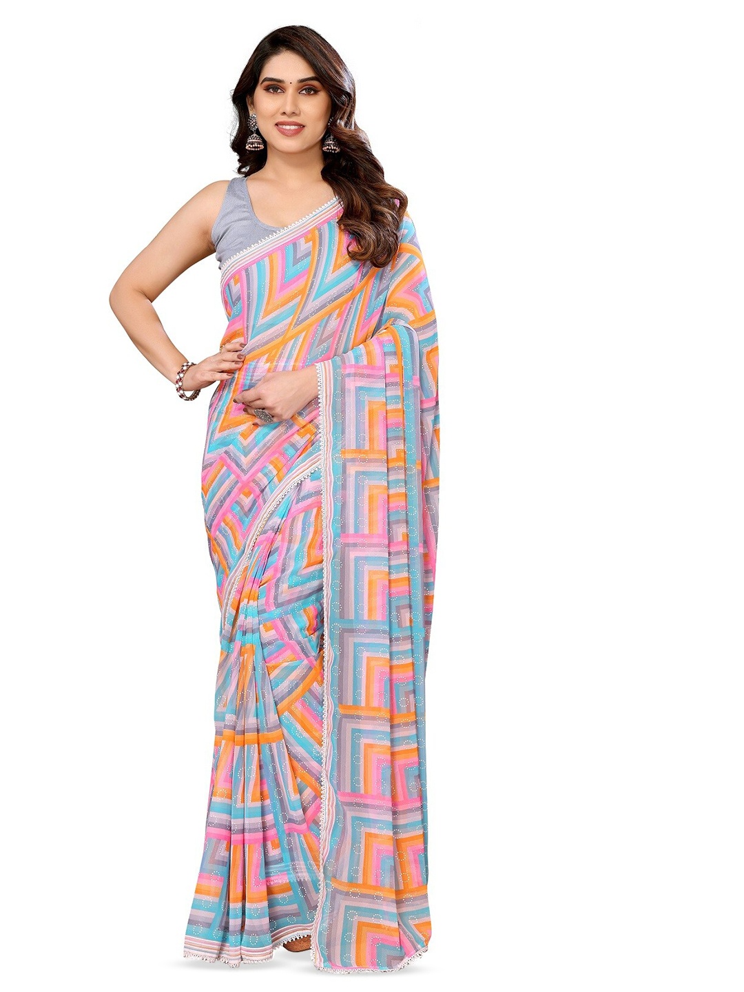 

ROOP SUNDARI SAREES Embroidered Pure Georgette Block Print Saree, Grey