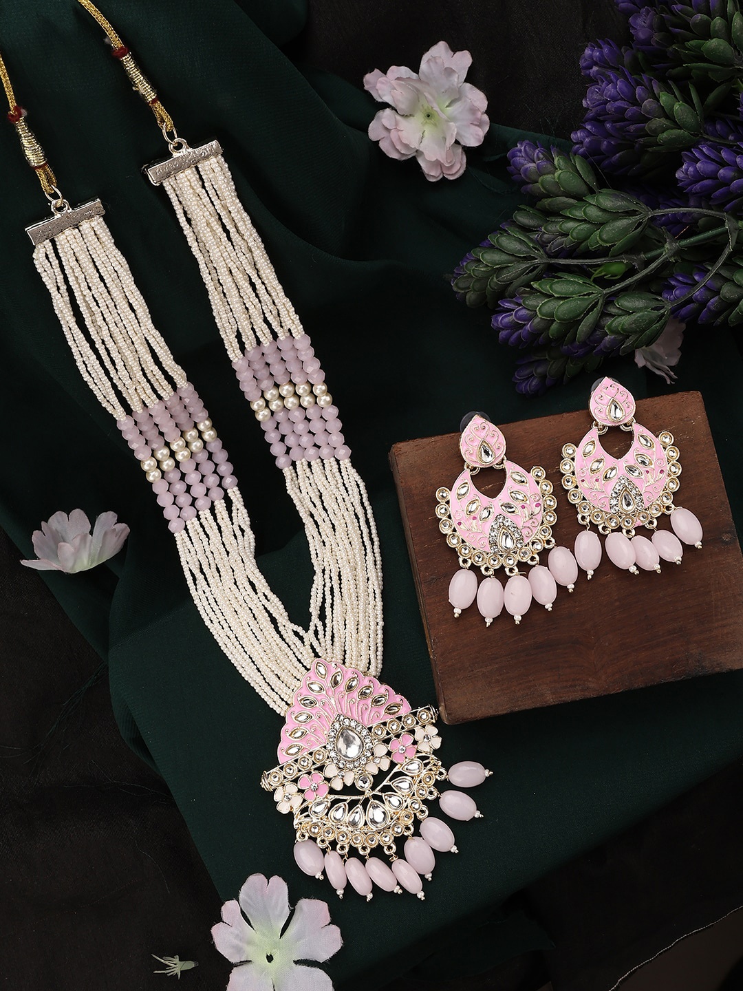 

ANIKAS CREATION Gold-Plated Pink & White CZ-Studded & Beaded Necklace & Earrings