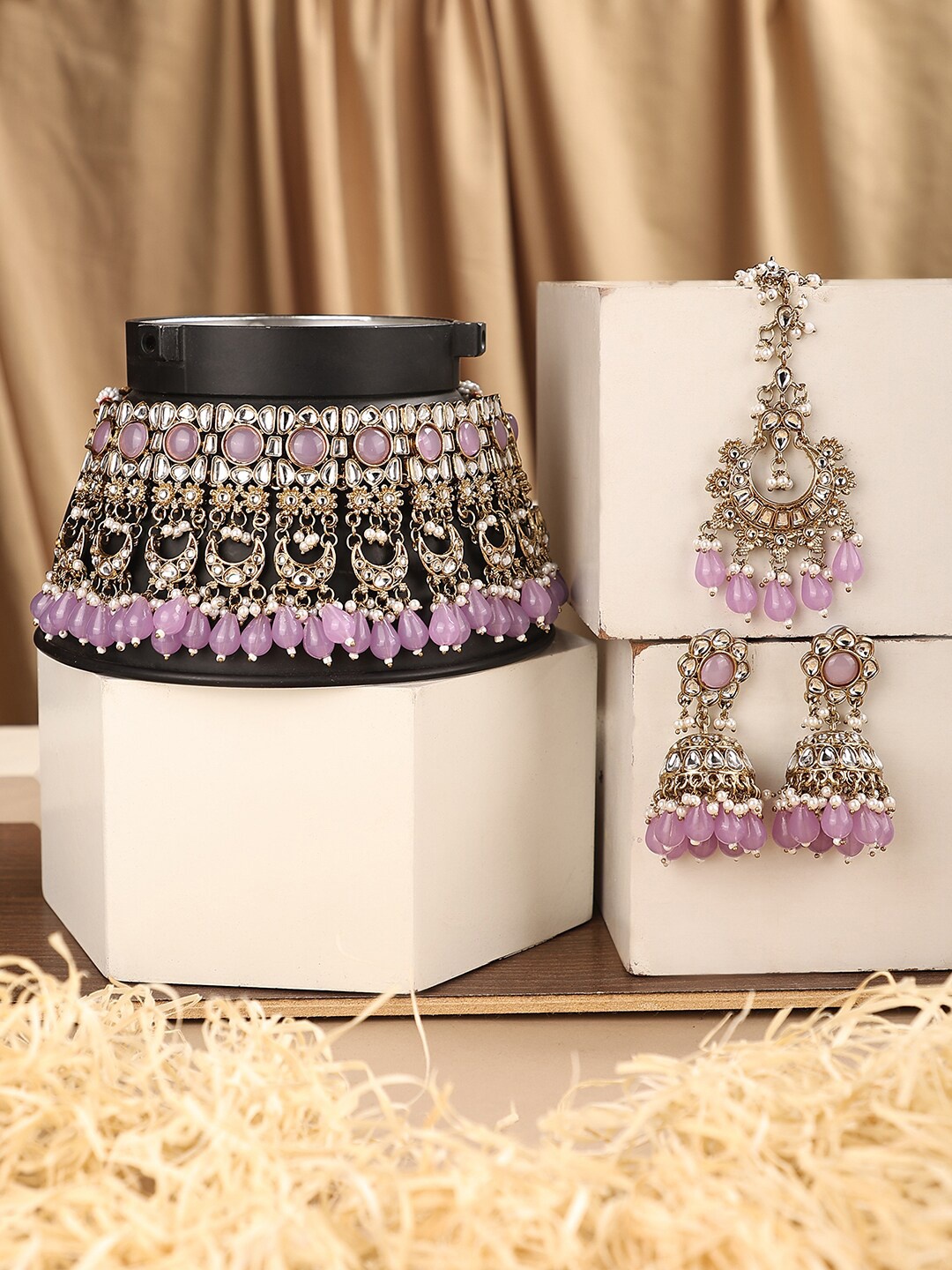 

ANIKAS CREATION Gold-Plated Cubic Zirconia Studded & Beaded Jewellery Set