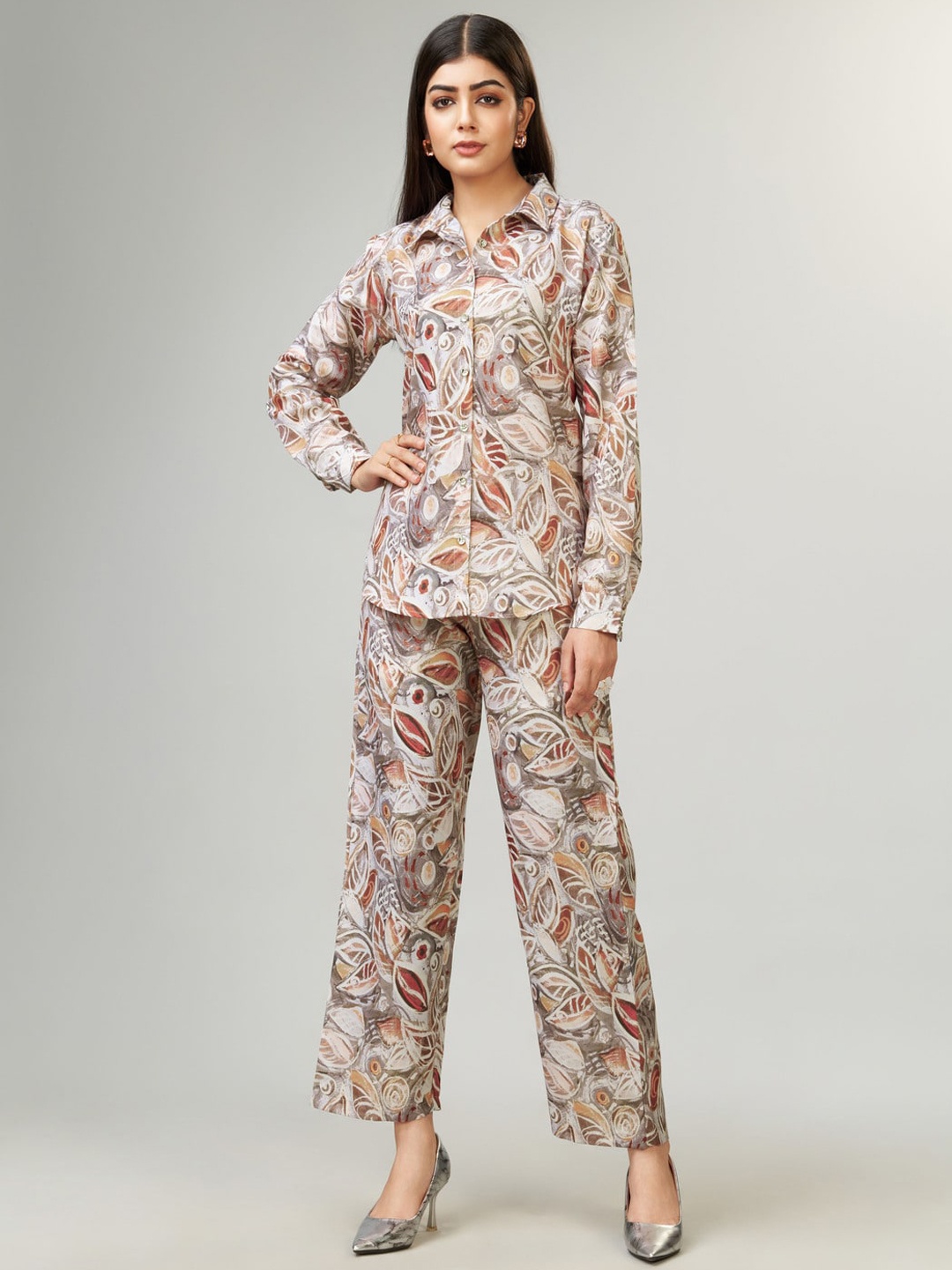 

Kandora Printed Shirt Collar Long Sleeves With Trousers, Grey