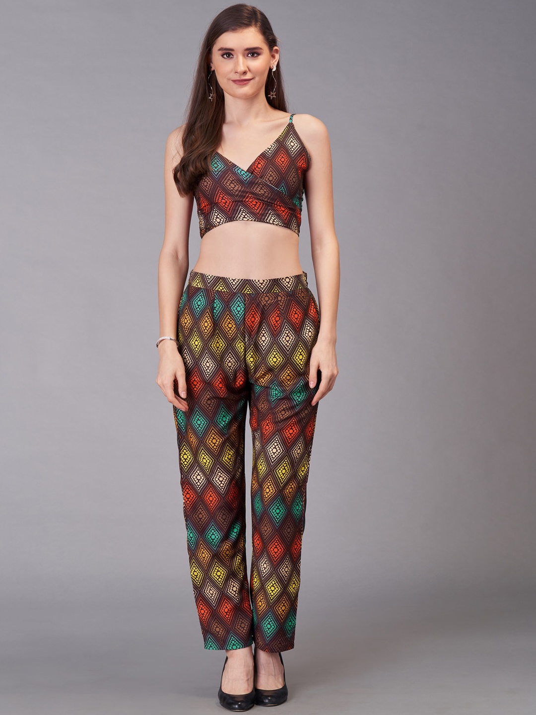 

Kandora Printed Shouder Strap Top & Trousers, Brown