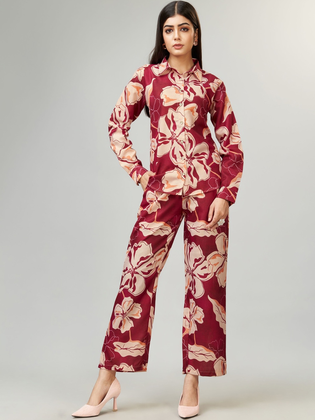 

Kandora Floral Printed Shirt Collar Long Sleeves Top With Trousers, Red