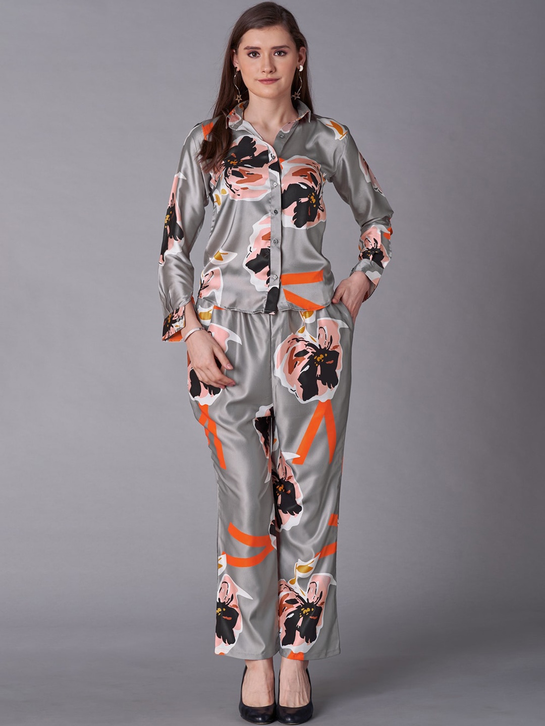 

Kandora Floral Printed Shirt-Collar Long Sleeves Satin Shirt With Trouser, Grey