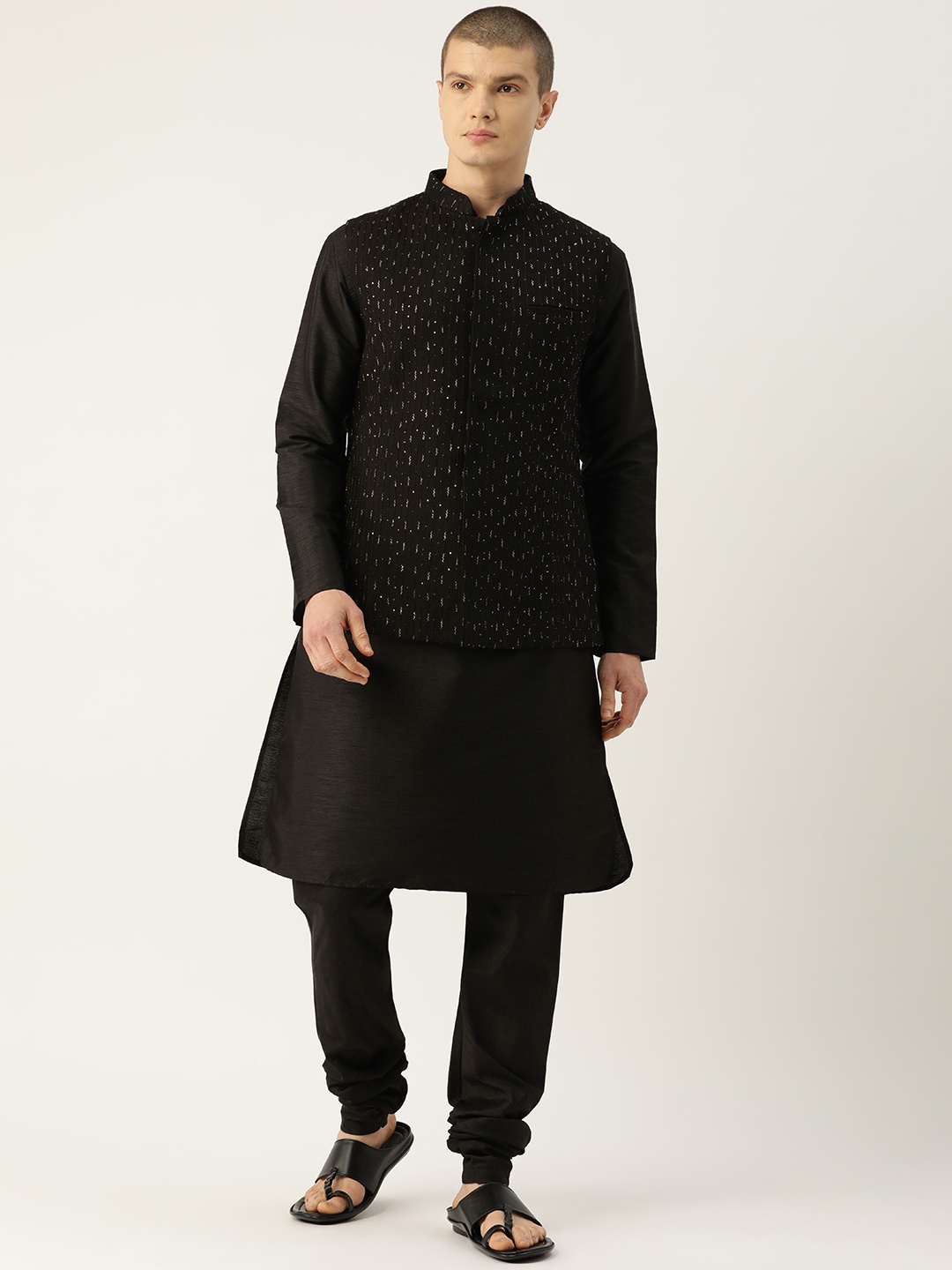 

Simaaya Men Pure Cotton Kurta with Churidar & Nehru Jacket, Black