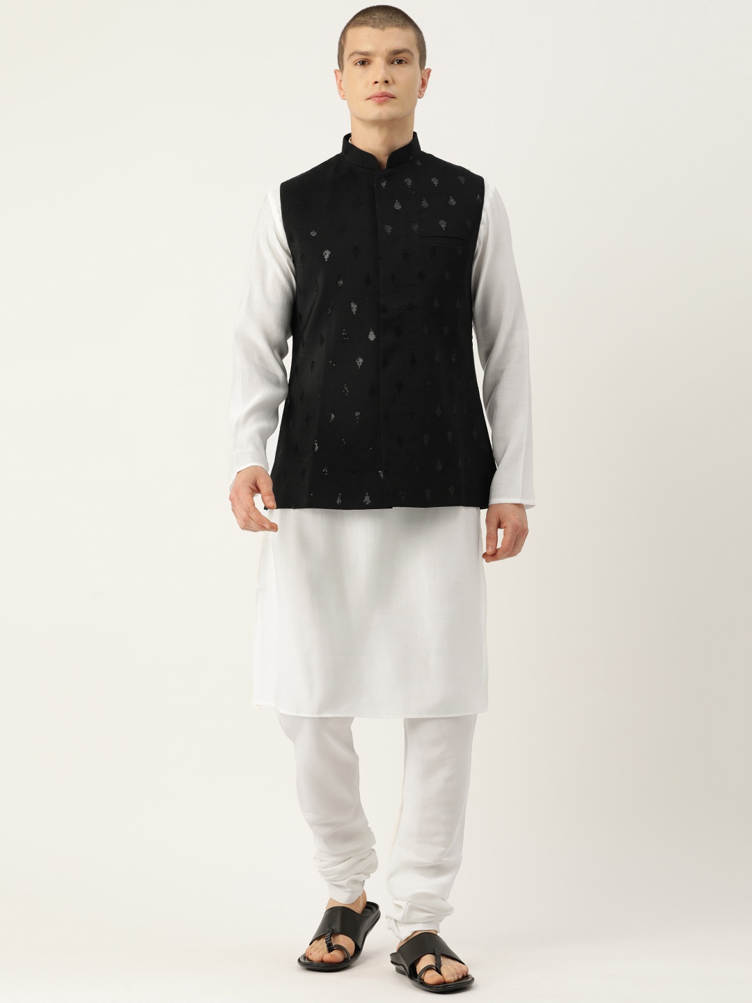 

Simaaya Men Pure Cotton Kurta with Churidar & Nehru Jacket, White