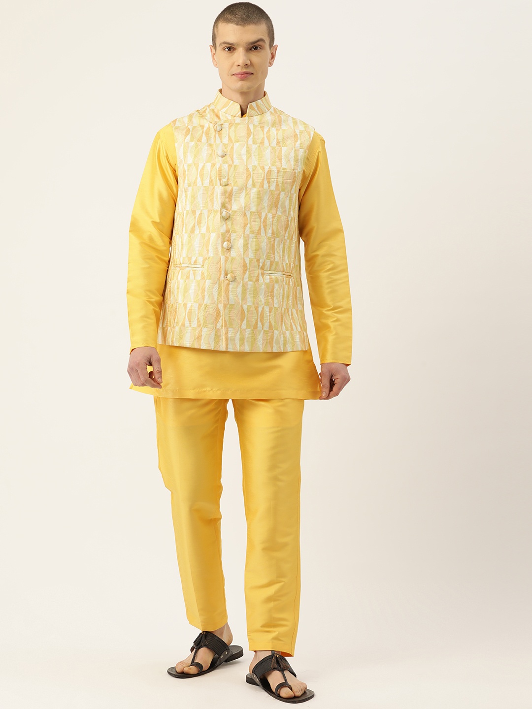 

Simaaya Men Kurta with Trousers & Nehru Jacket, Yellow