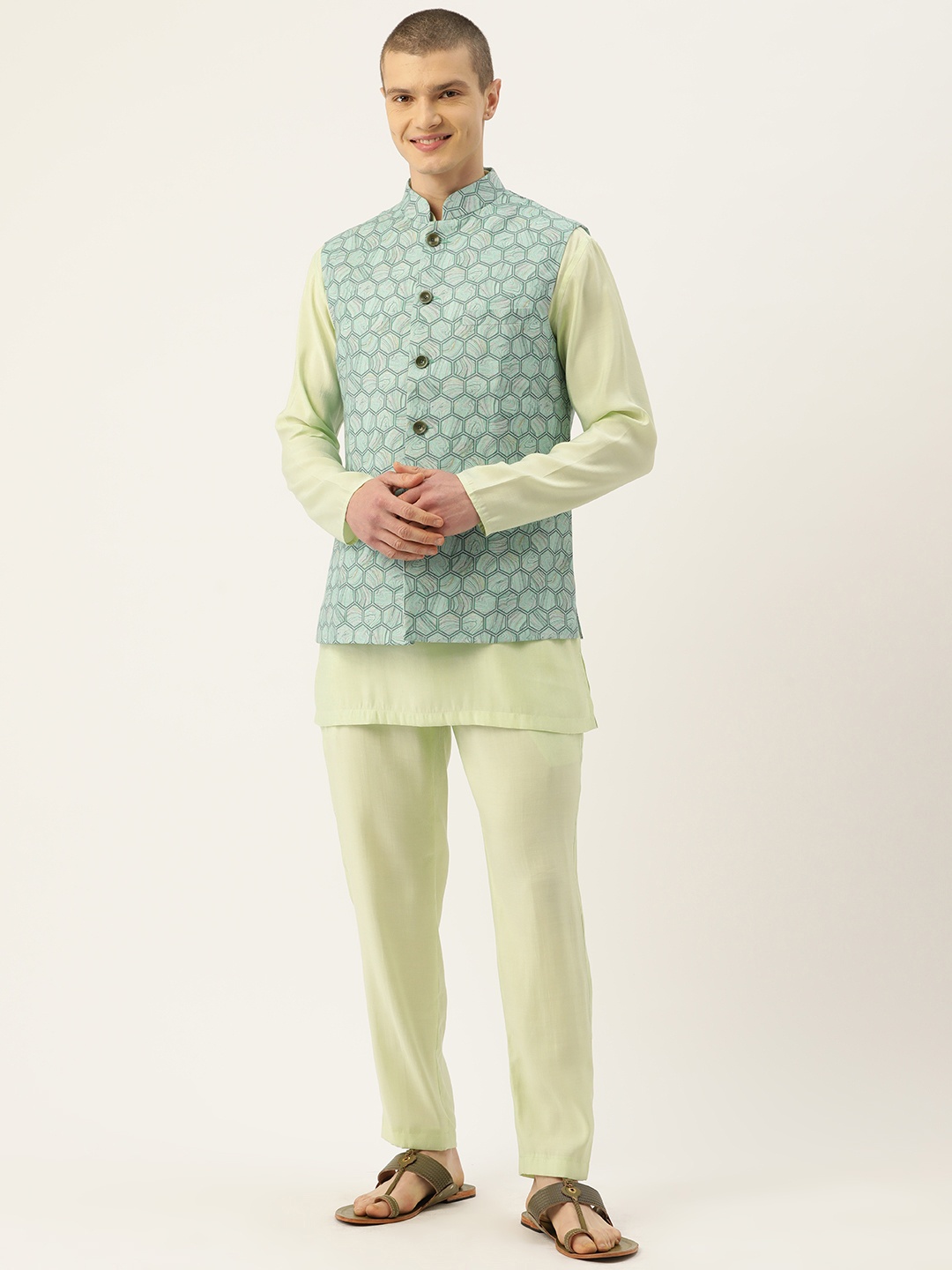 

Simaaya Men Pure Cotton Kurta with Trousers & Nehru Jacket, Sea green