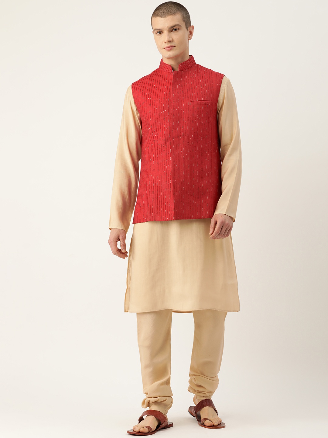 

Simaaya Men Pure Cotton Kurta with Churidar & Nehru Jacket, Beige
