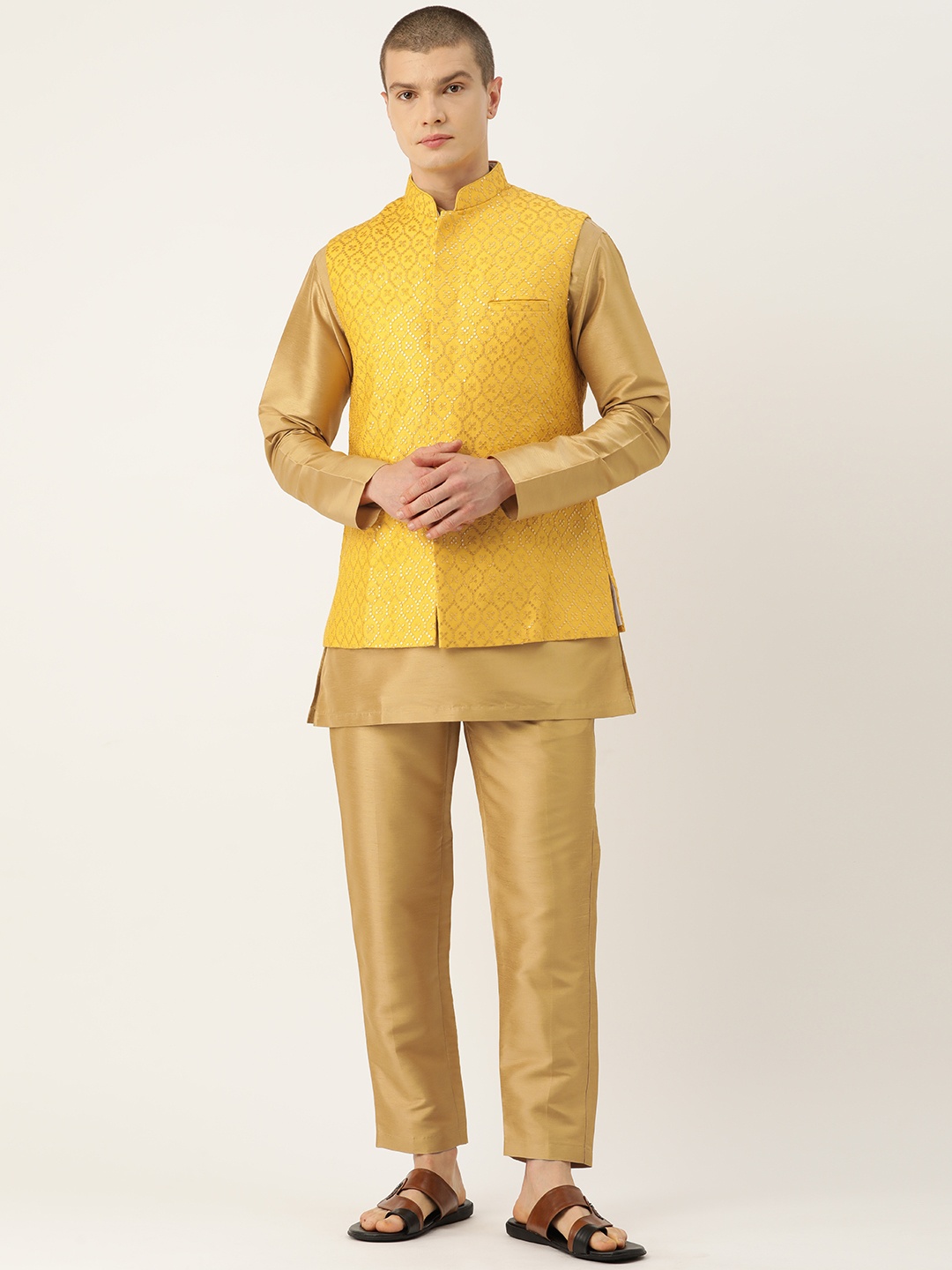 

Simaaya Men Kurta with Trousers & Nehru Jacket, Tan