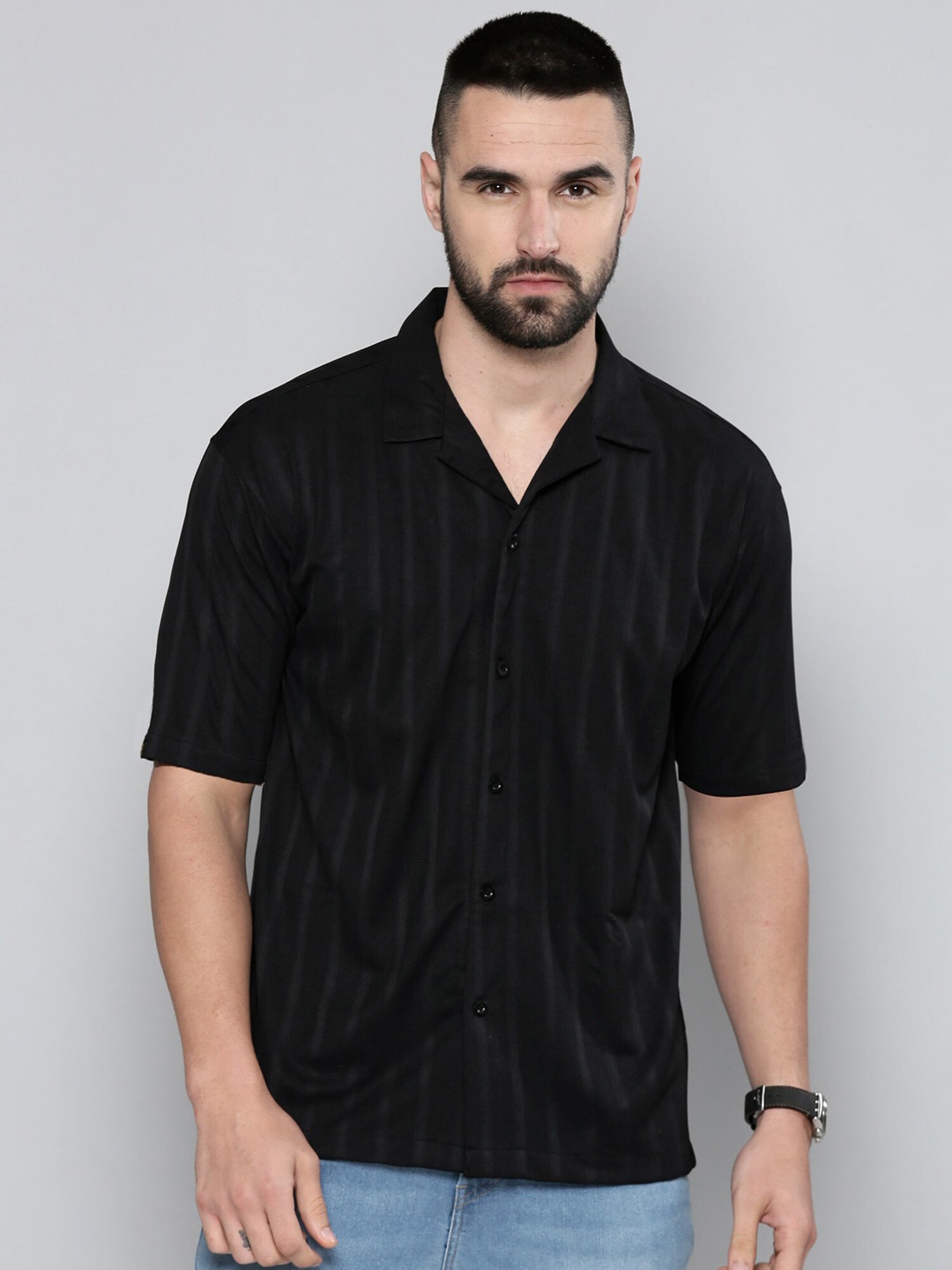 

Maniac Relaxed Striped Oversized Casual Shirt, Black