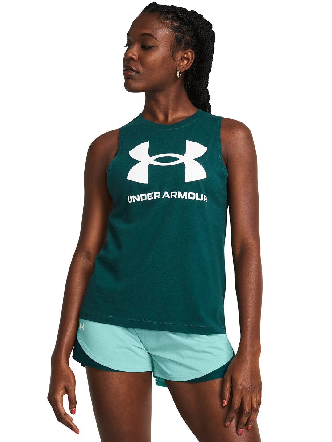 

UNDER ARMOUR Women Brand Logo Printed Sportstyle Tank Racer back T-shirt, Teal