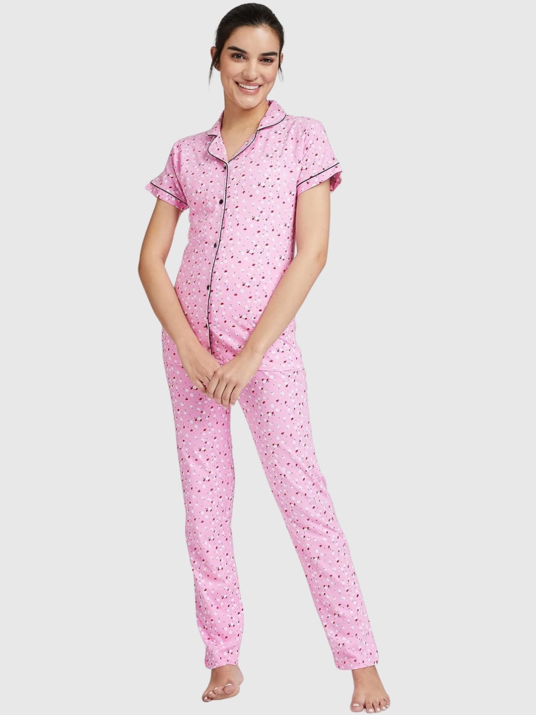 

Fabme Abstract Printed Lapel Collar Pure Cotton Night suit, Pink