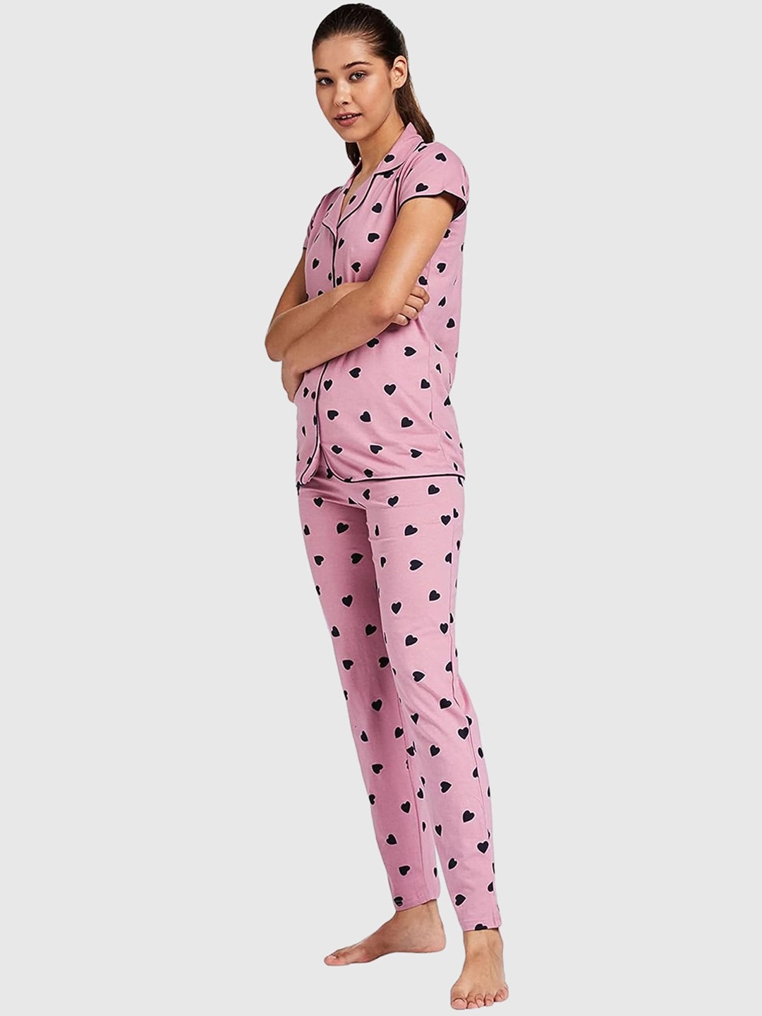 

Fabme Geometric Printed Lapel Collar Pure Cotton Night suit, Pink