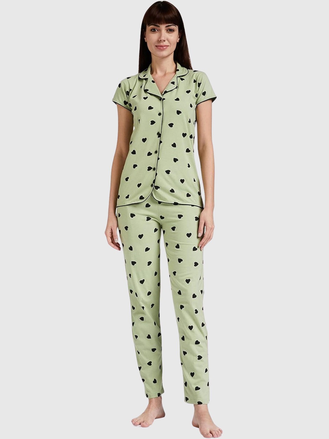 

Fabme Geometric Printed Lapel Collar Pure Cotton Night suit, Green