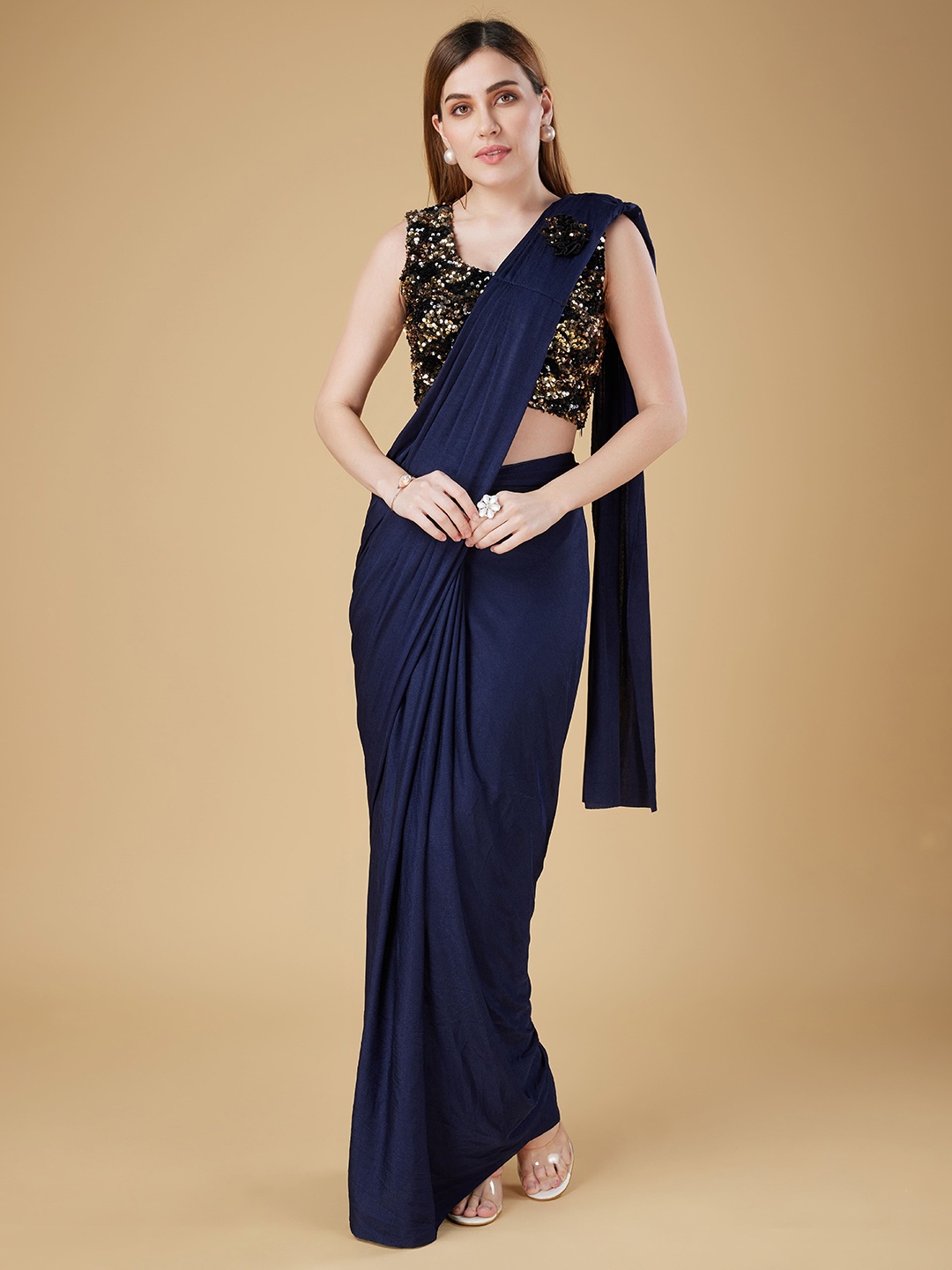 

AMOHA TRENDZ Sequinned Ready to Wear Saree, Blue