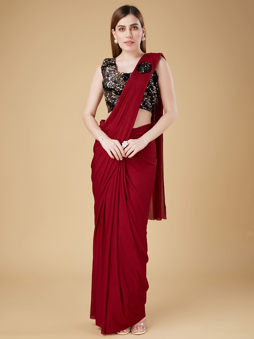 

AMOHA TRENDZ Sequinned Ready to Wear Saree, Maroon