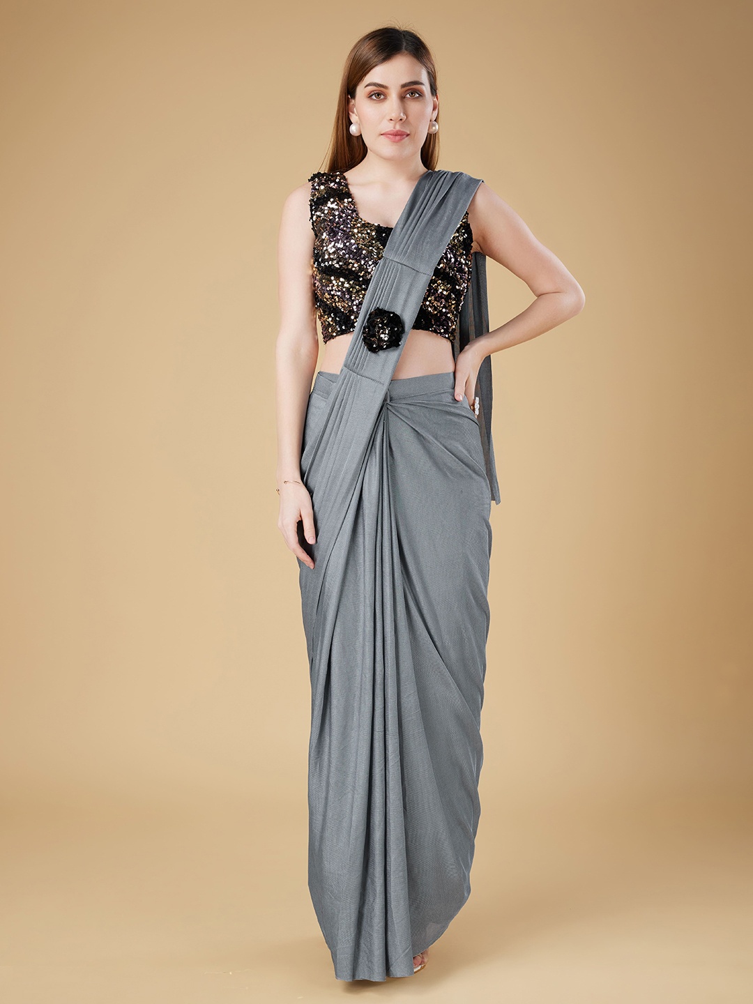 

AMOHA TRENDZ Pre-drapped Ready to wear Saree with Sequined Blouse, Grey