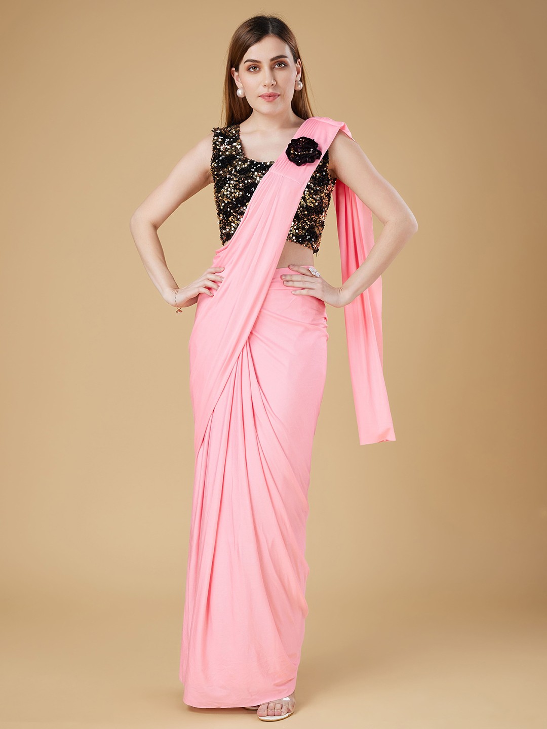 

AMOHA TRENDZ Pre-drapped Ready to wear Saree with Sequined Blouse, Pink