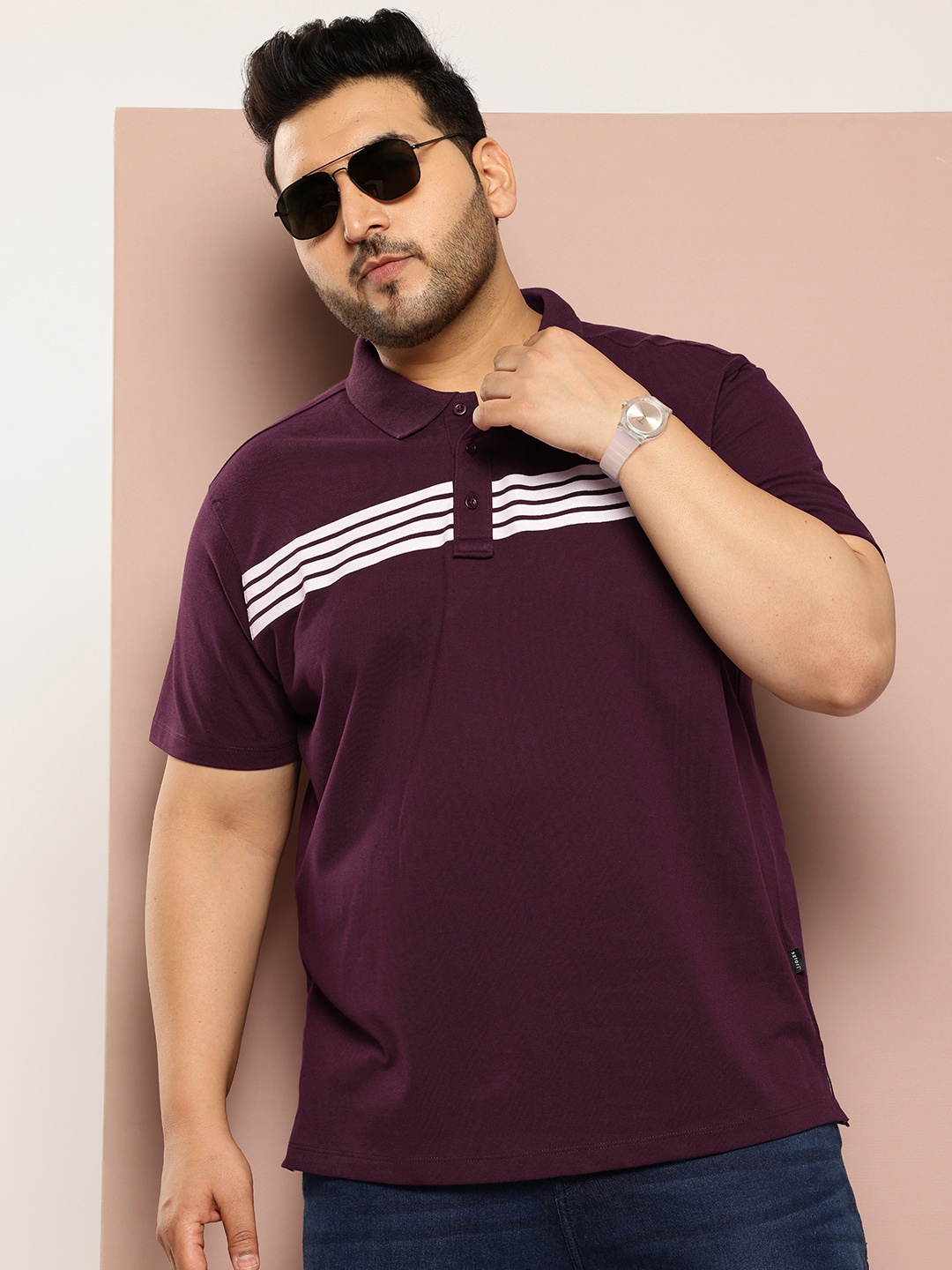 

Sztori Plus Size Striped Polo Collar T-shirt, Burgundy