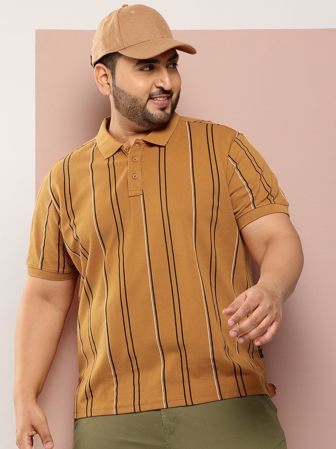 

Sztori Plus Size Striped Polo Collar Pure Cotton T-shirt, Mustard