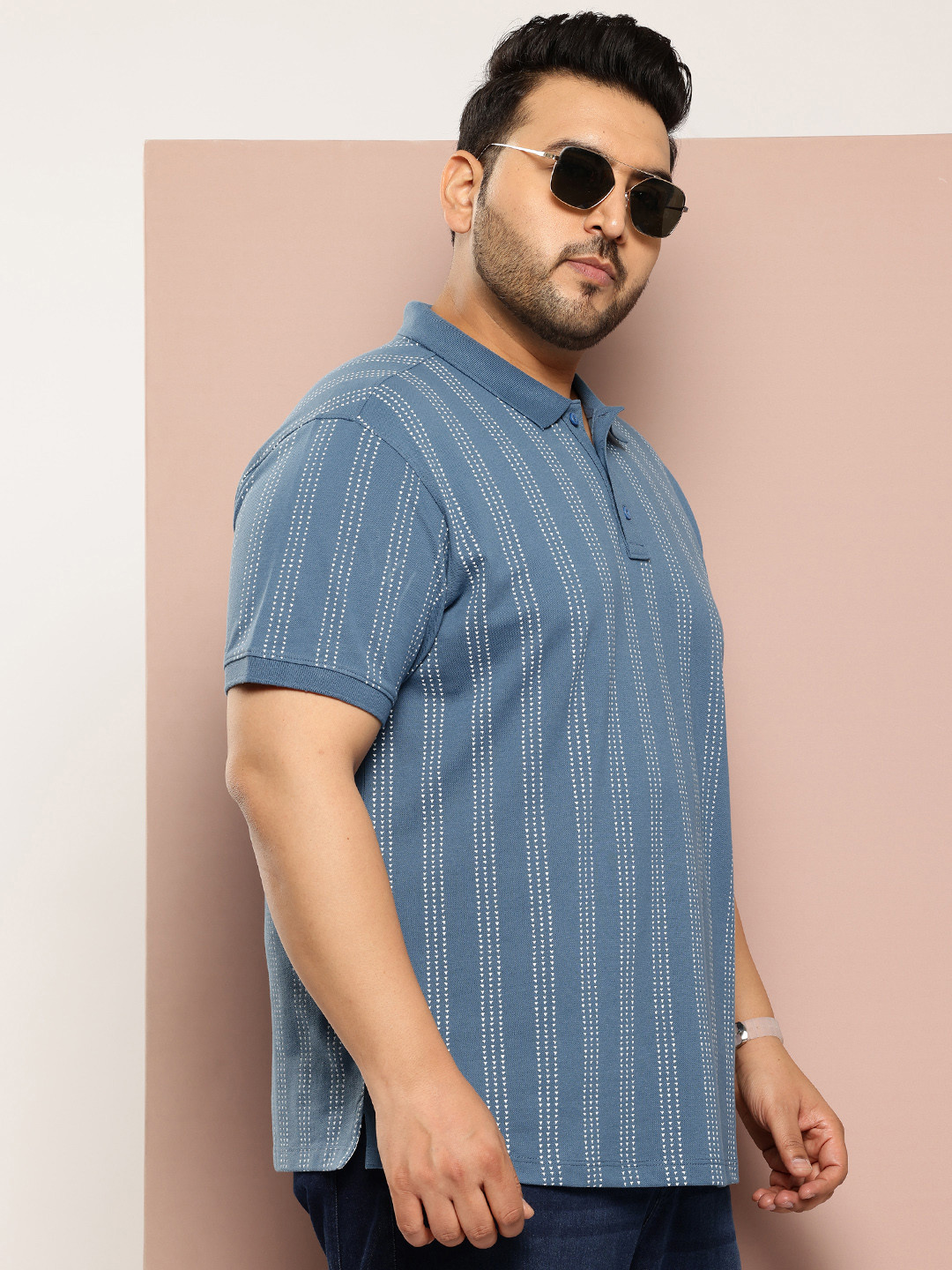 

Sztori Plus Size Striped Polo Collar T-shirt, Blue