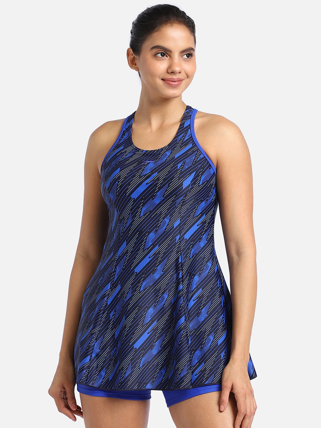 

Speedo Hyperboom Printed Racer Back Swimdress, Navy blue