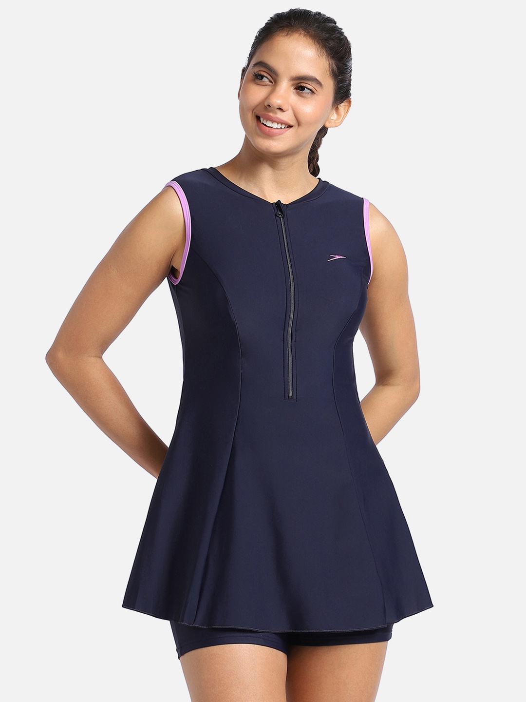 

Speedo Closed Back Zipper Swimdress With Boyleg, Navy blue