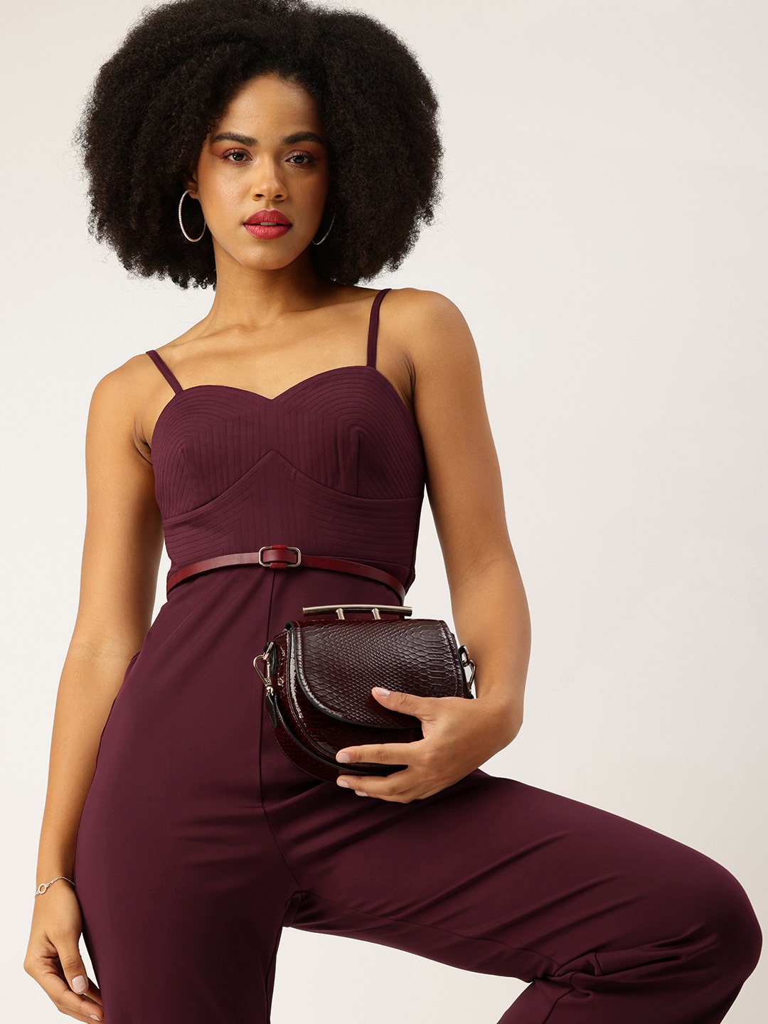 

bebe Shoulder Straps Basic Jumpsuit, Burgundy