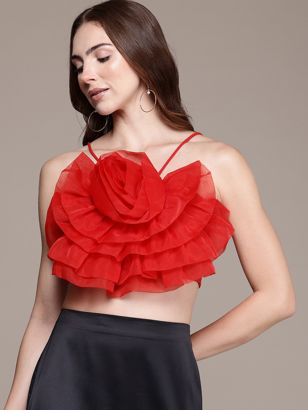 

bebe Corsage Fitted Crop Top, Red