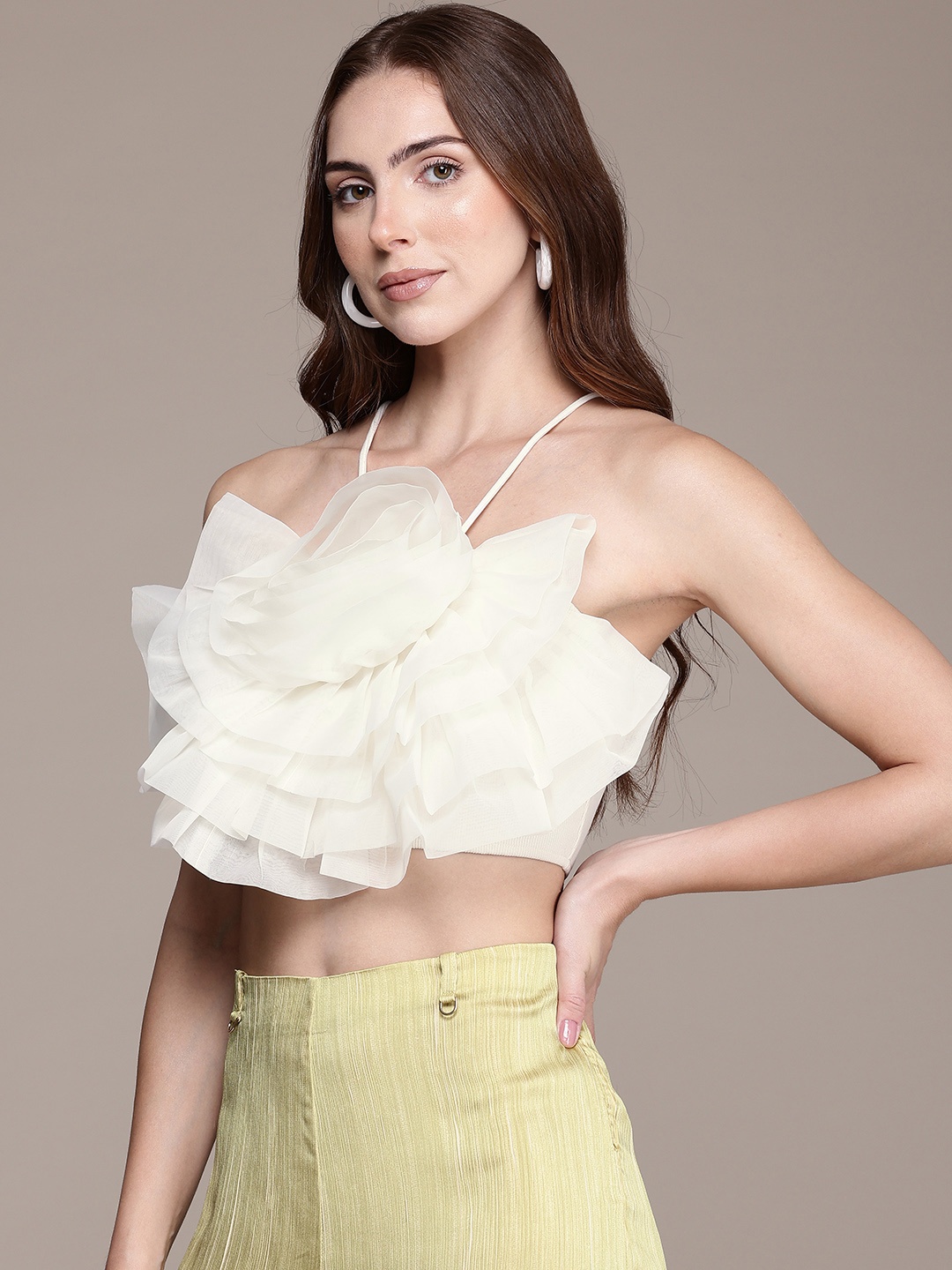 

bebe Corsage Fitted Crop Top, White