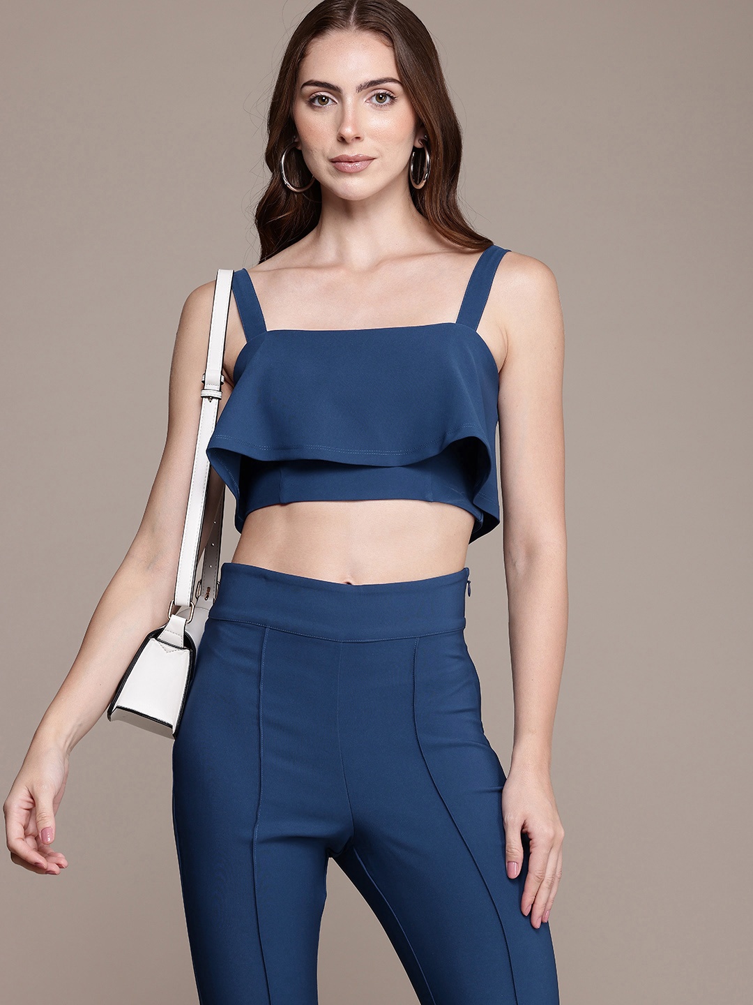

bebe Women Fitted Top With Fared Trousers Co-Ords Set, Navy blue