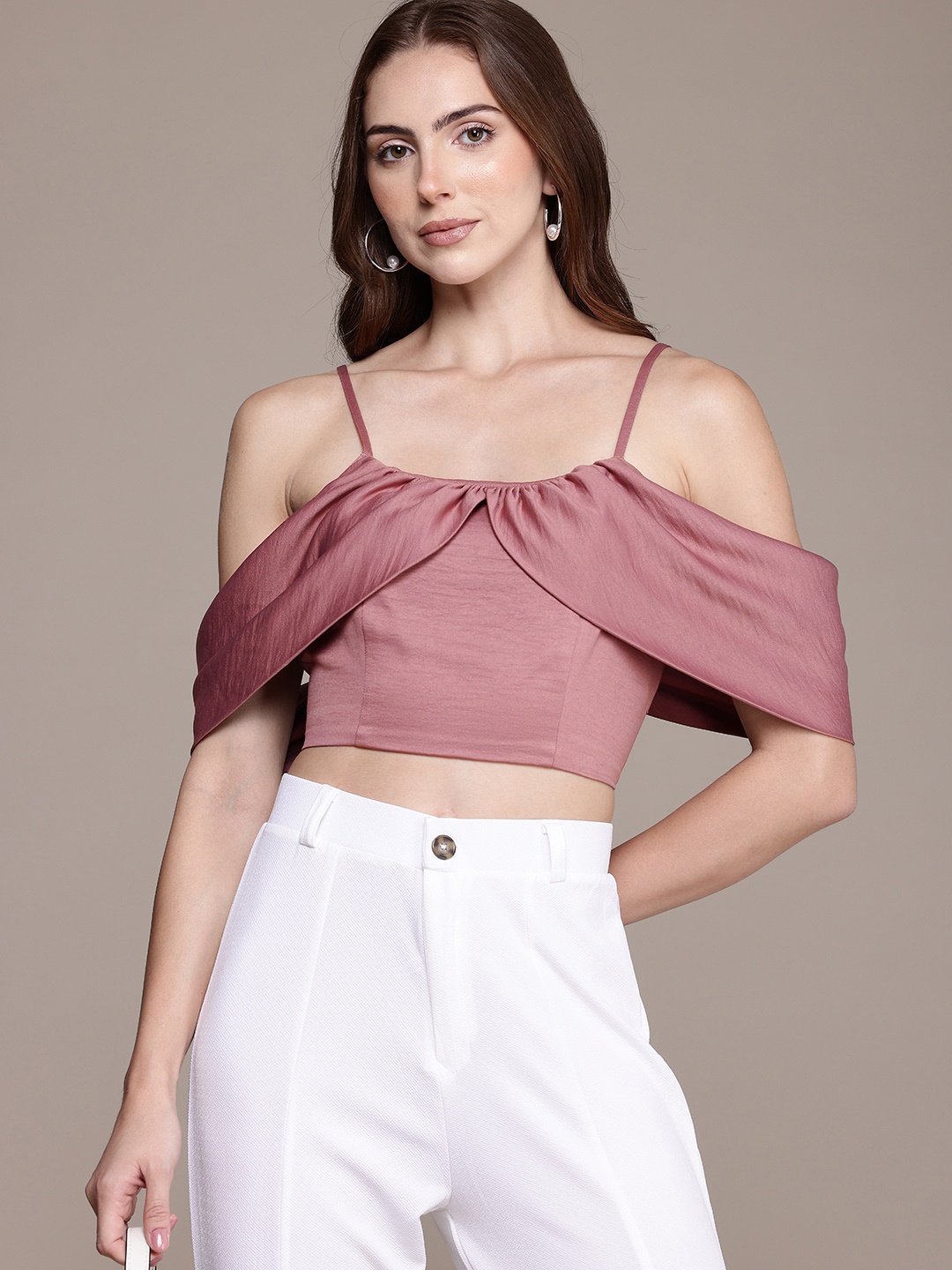

bebe Drape Sleeves Fitted Crop Top, Mauve