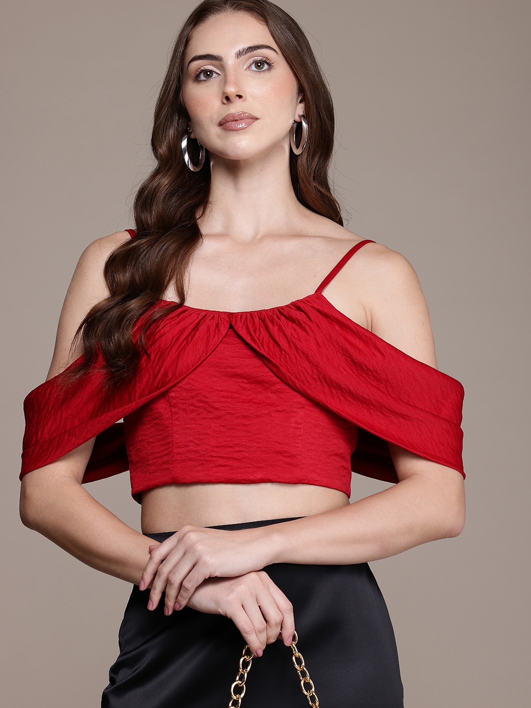 

bebe Cherry Red Drape Sleeves Fitted Crop Top