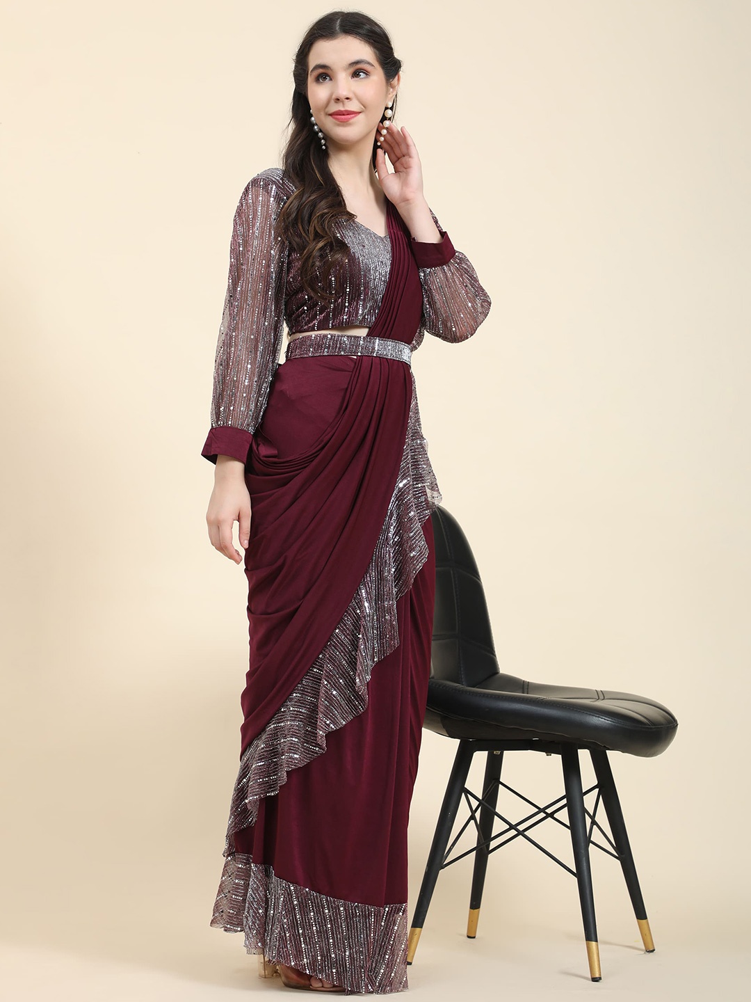 

AMOHA TRENDZ Ruffles Pre-drapped Ready to wear Saree with Sequined Blouse, Maroon