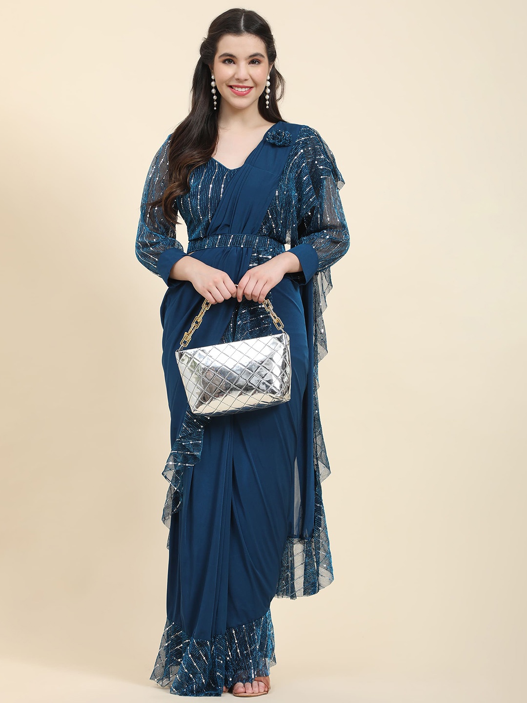 

AMOHA TRENDZ Sequined Embellished Ready to Wear Saree With Belt, Teal
