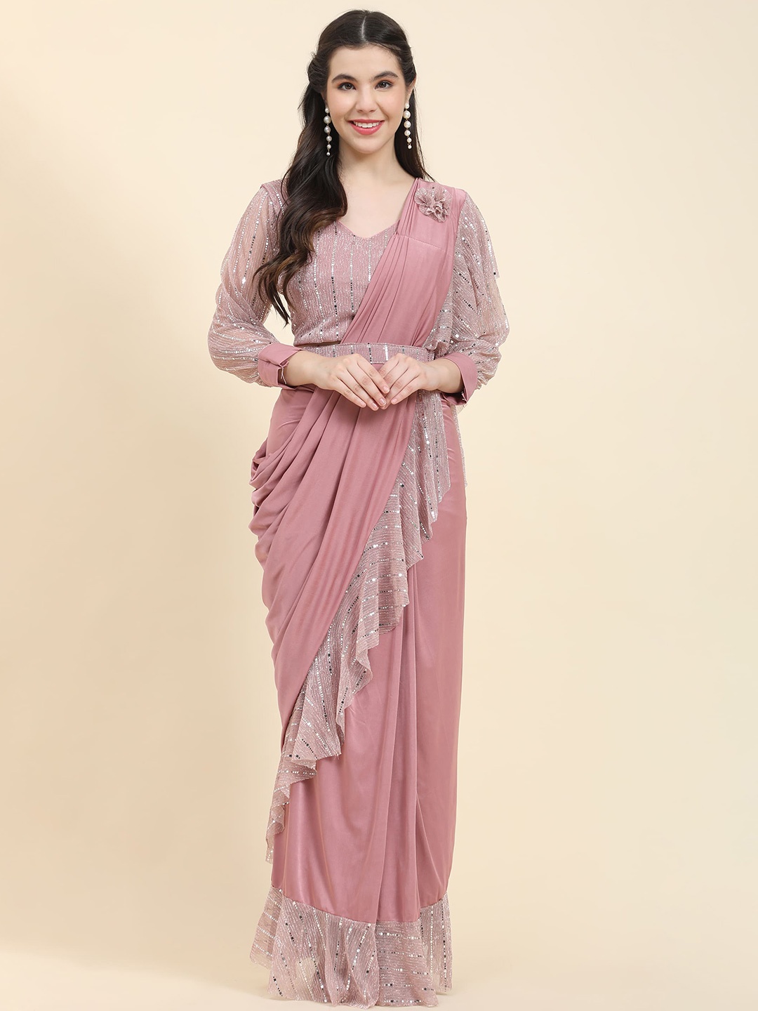 

AMOHA TRENDZ Sequinned Ready to Wear Saree With Belt, Pink