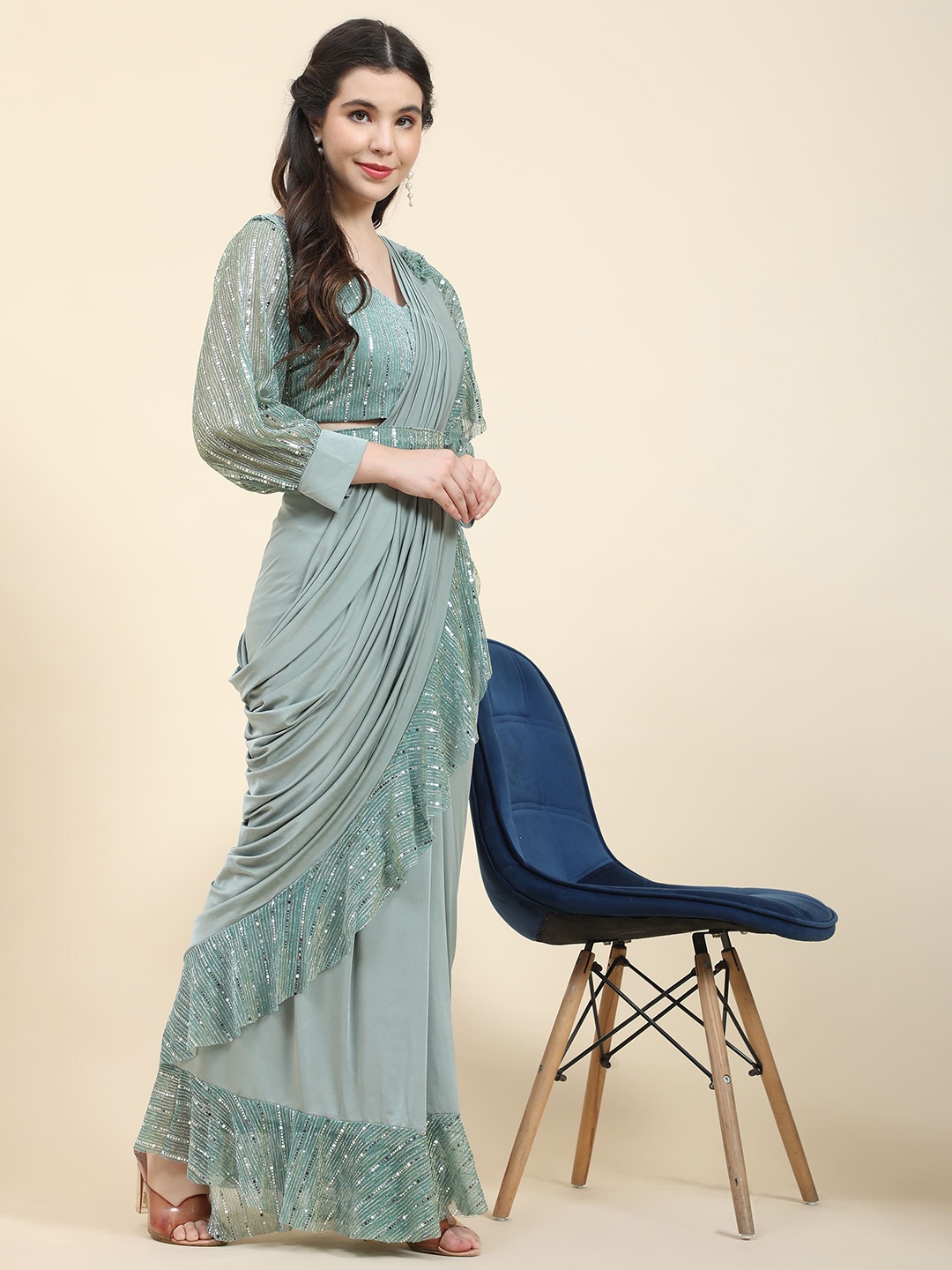 

AMOHA TRENDZ Ruffles Pre-drapped Ready to wear Saree with Sequined Blouse, Green