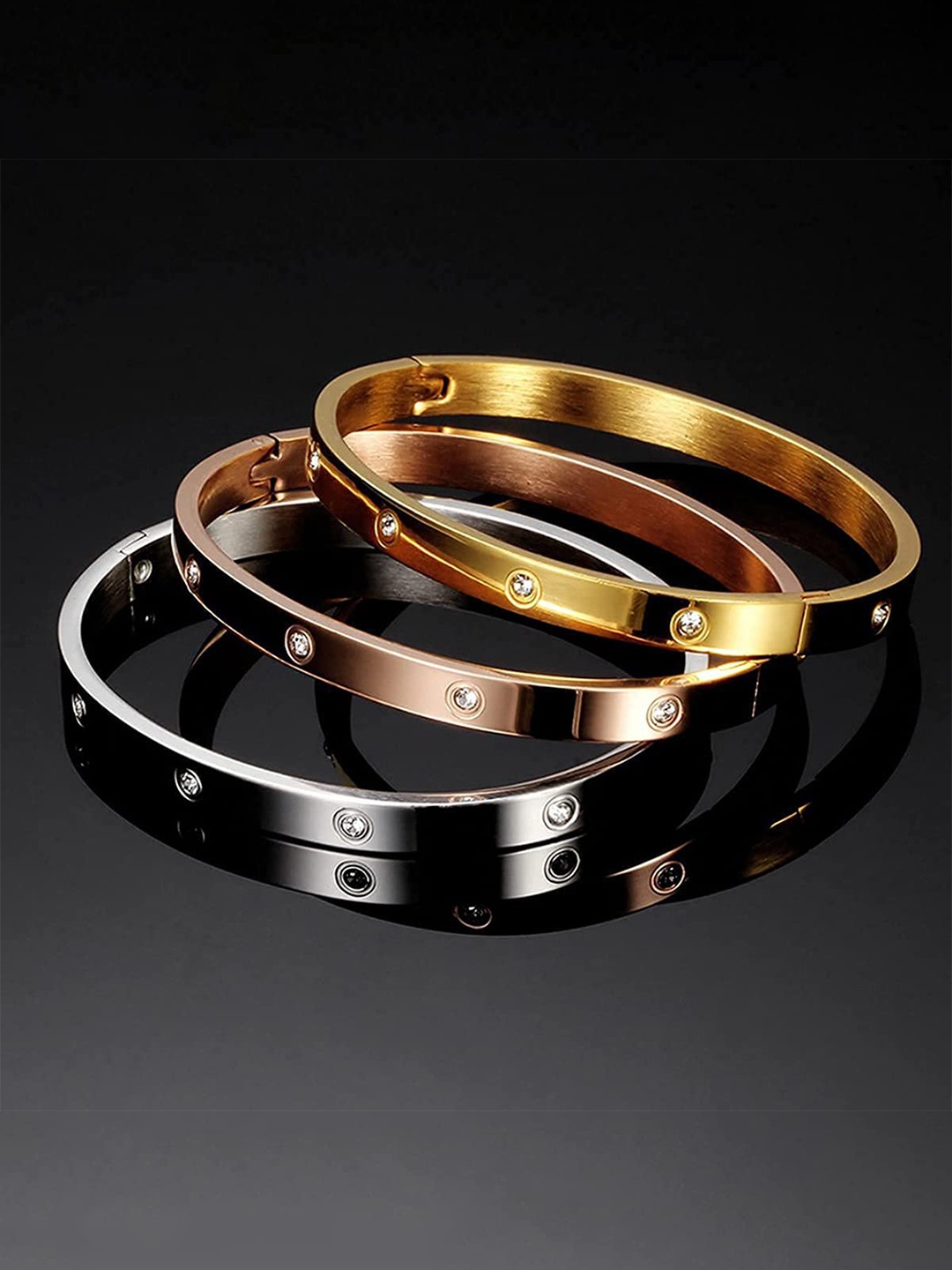 

The Pari Set of 3 Stainless Steel Stones Studded Kada Bracelets, Gold