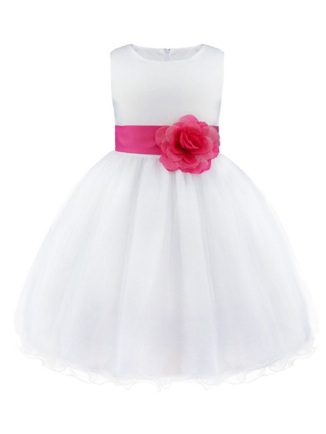 BAESD Girls Satin Round Neck Fit & Flare Party Dress Comes With A belt, White