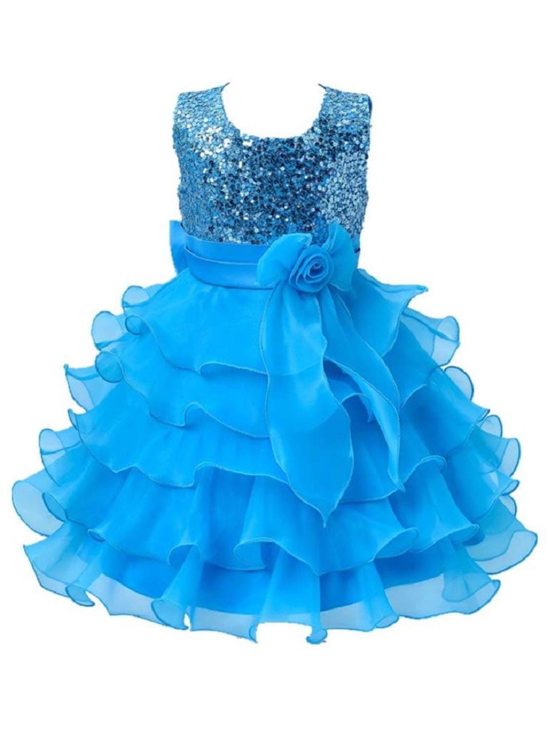 BAESD Ruffles Girls Embellished Satin Fit & Flare Dress, Turquoise blue