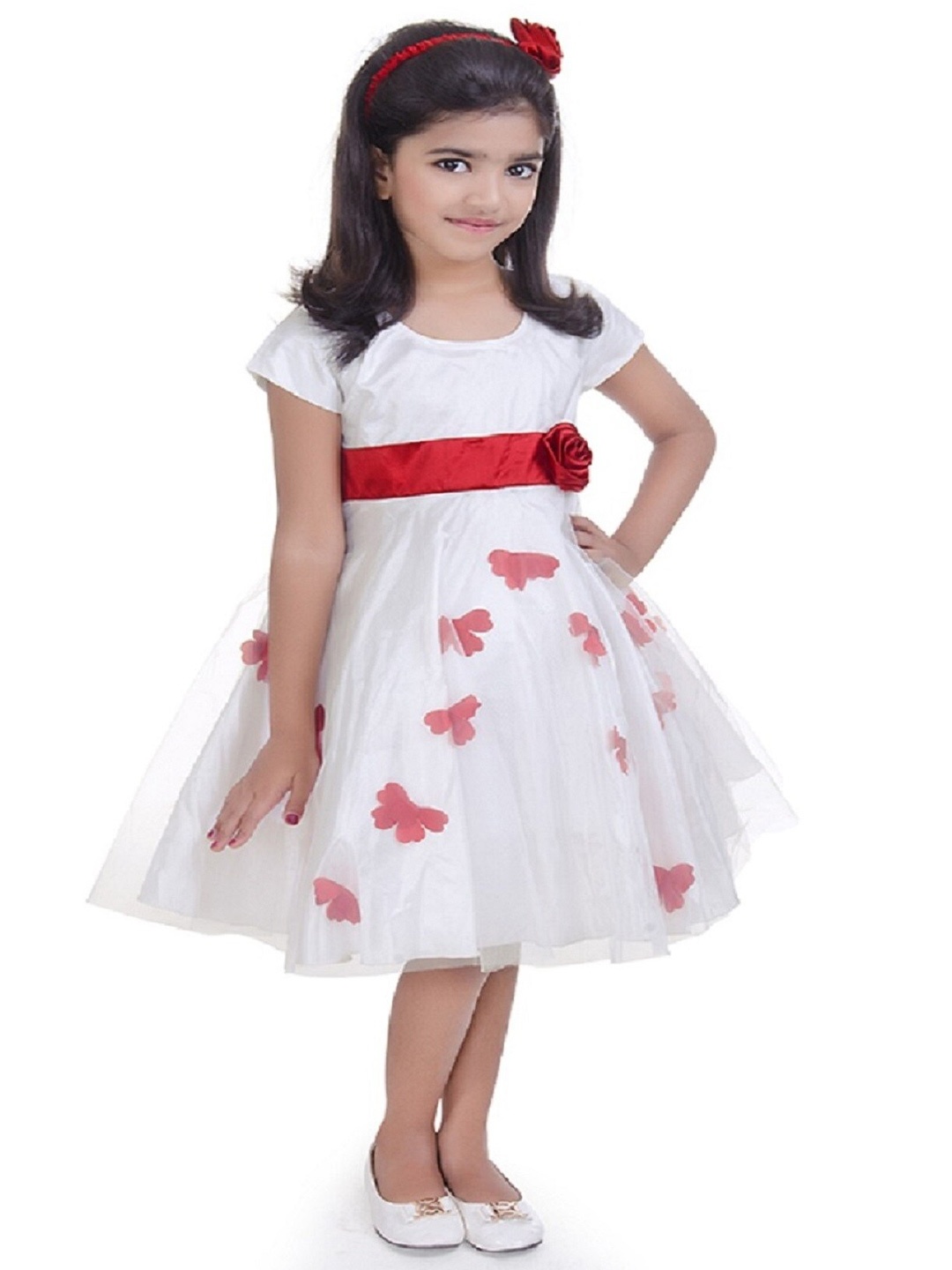 

BAESD Girls Floral Print Satin Round Neck Cap Sleeves Fit & Flare Dress Comes With A belt, White