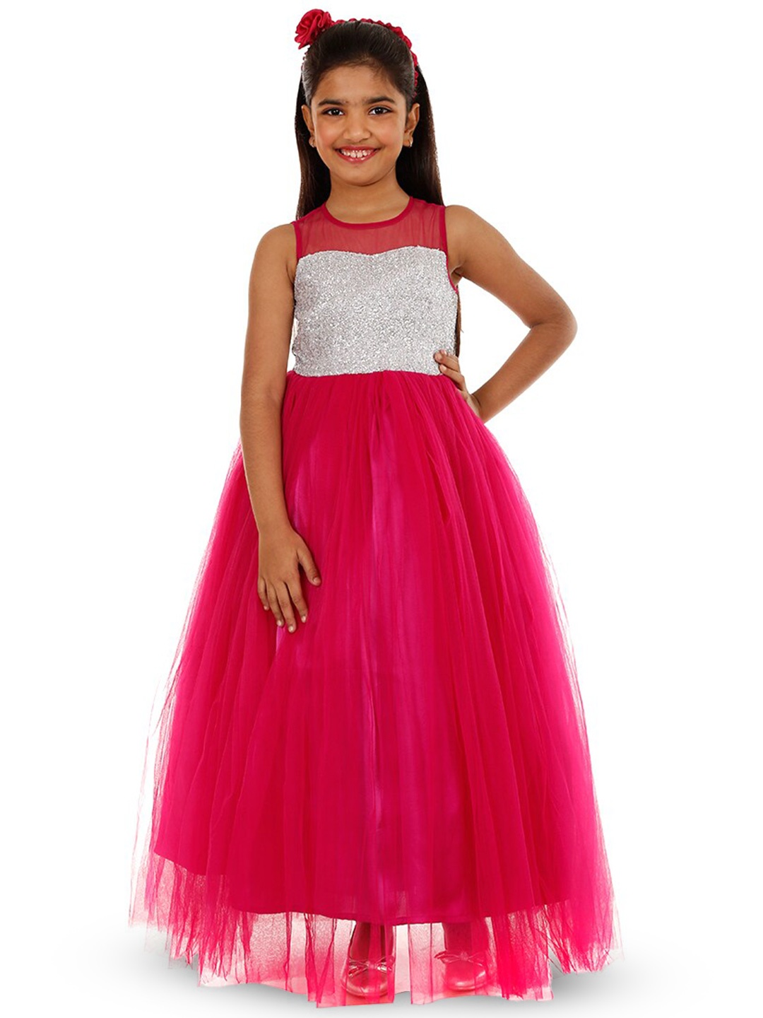 

BAESD Round Neck Flared Belted Satin Maxi Dress, Pink